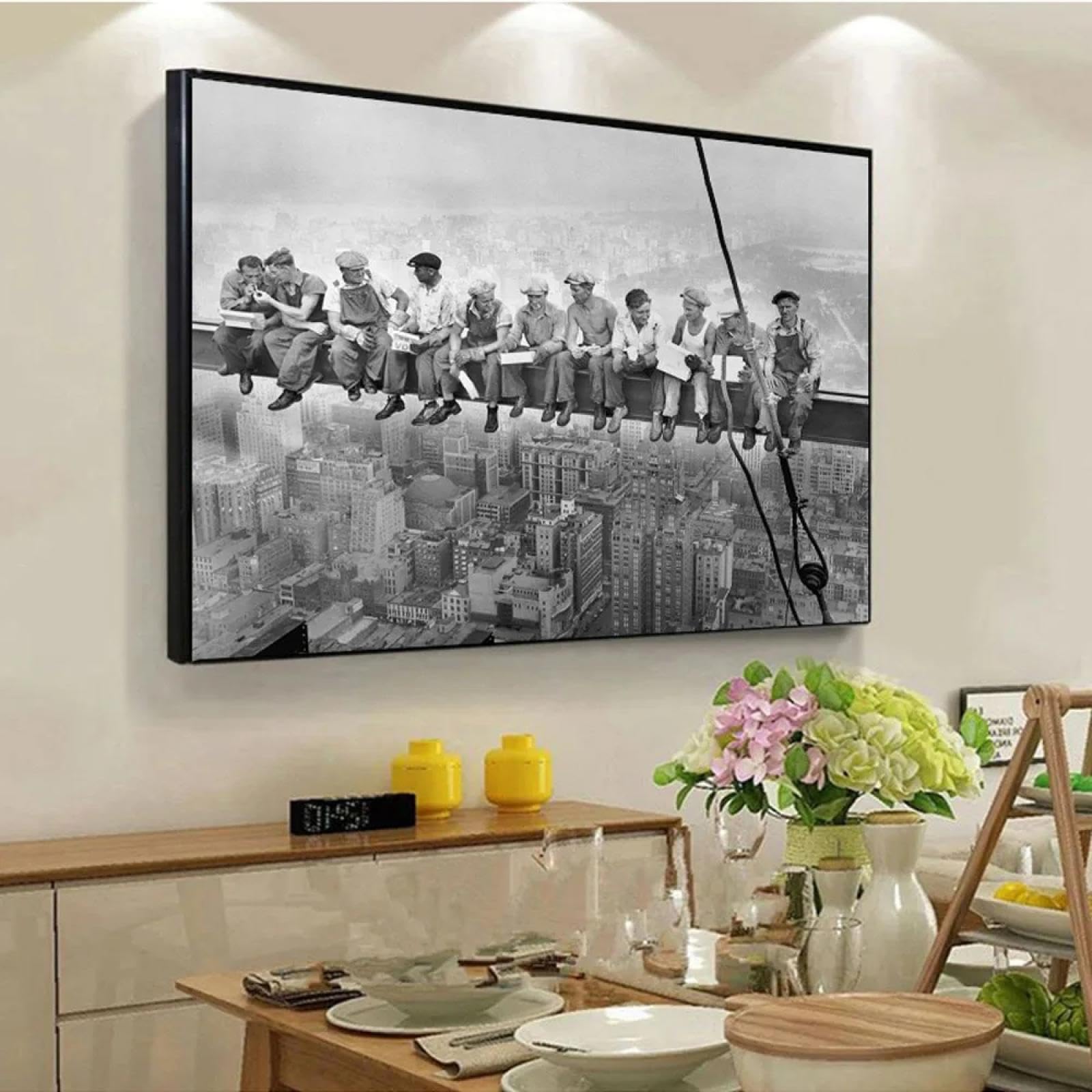 KEMEIQI 1932 Pranzare in cima a un grattacielo di New York Operai edili Poster artistico Dipinto su tela Stampa murale Immagine Home Decor 80x120 cm Senza cornice
