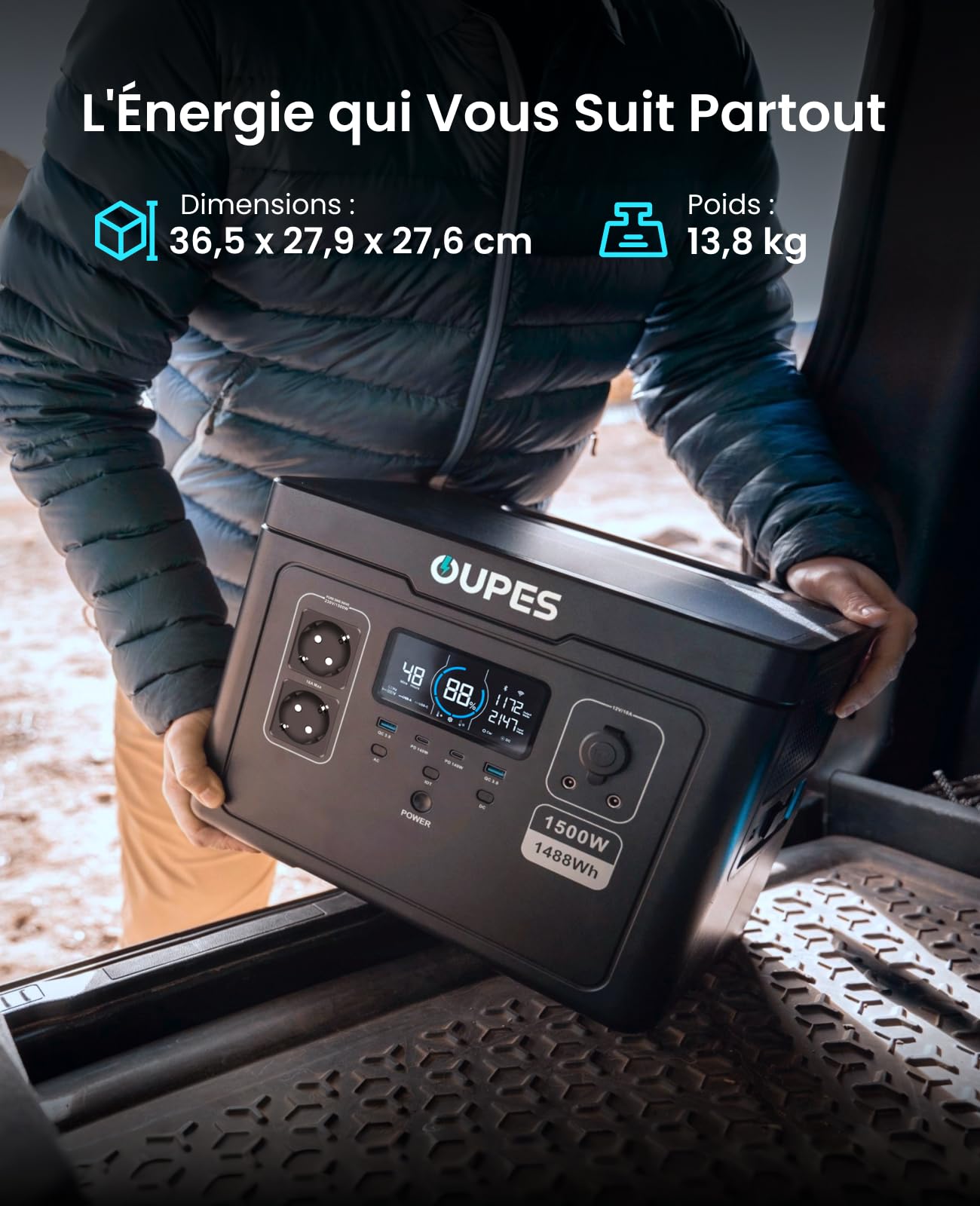 OUPES Exodus 1500 Générateur Electrique Portable, 1488Wh Batterie Nomade avec 2 Prises AC 1500W (Boost 1700W, Pic 3600W), Charge Rapide, UPS, Alimentation Secours pour Camping, Camping-car et Maison