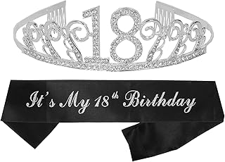MEANT2TOBE 18th Birthday Sash and Tiara for Women - Fabulous Set: Glitter Sash + Waves Rhinestone Silver Premium Metal Tia...