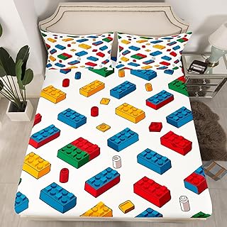 Building Blocks Fitted Sheet Twin Size Kids Toy Brick Bedding Set for Boys Teens Gaming Games Bed Sheet Set Breathable Colorful Bed Cover Room Decor