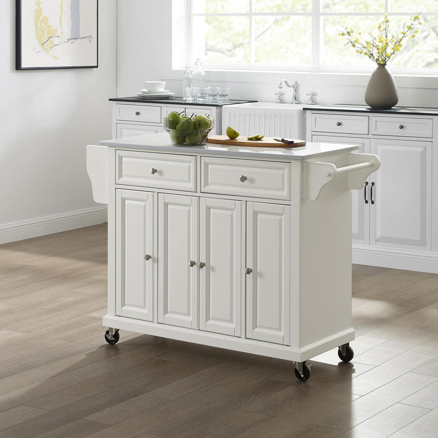 HomeStock Kitchen Cart with Stone Top - Mobile Kitchen Island & Storage Cart - White Granite & White Finish