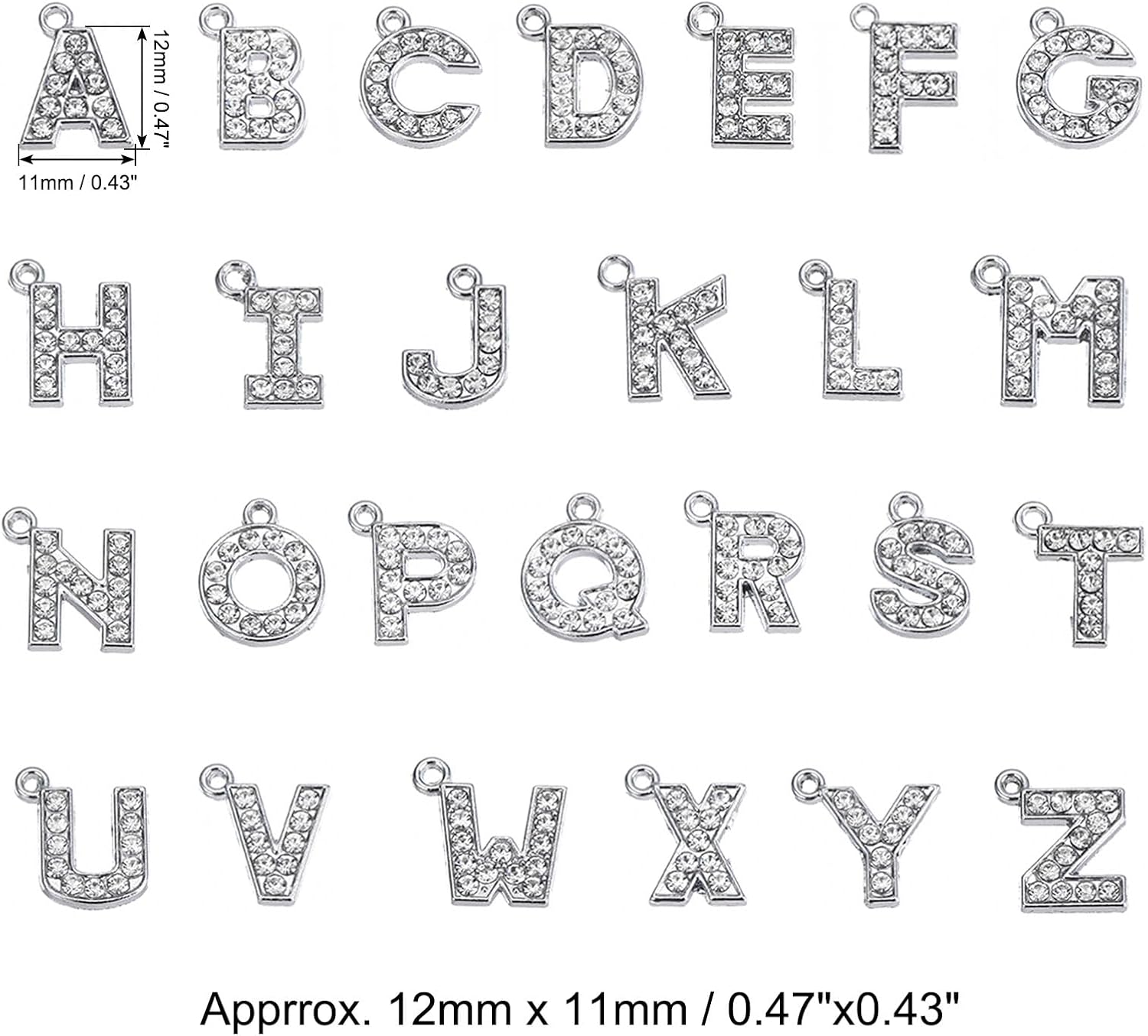 MECCANIXITY Alphabet A-Z Letter Charm Jewelry Rhinestones Initial Pendant for Jewelry Making, Bracelet, Craft, Pack of 26, Silver - Image 2