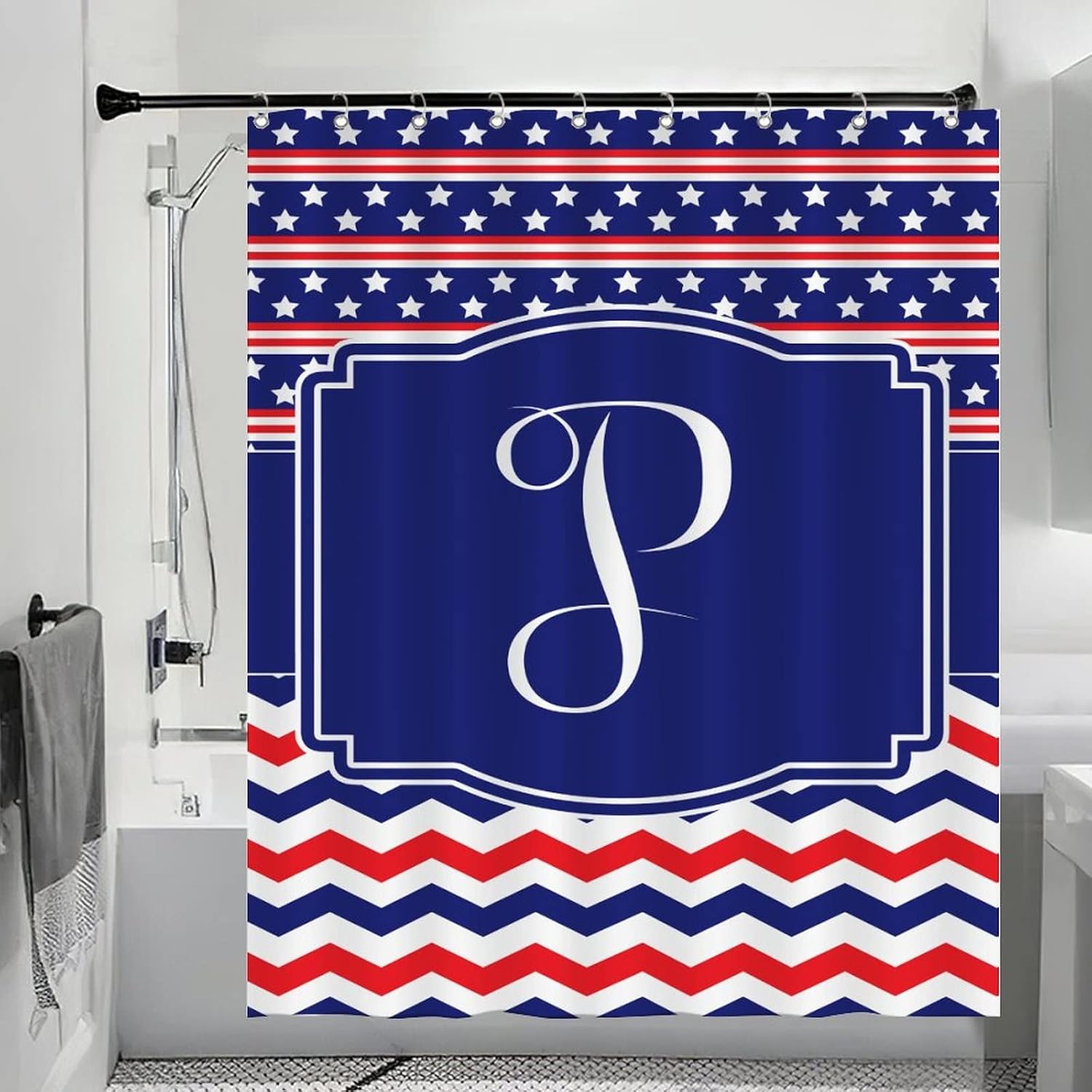4th of July Monogram Initial Letter P Decor Patriotic Waterproof Shower Curtains, Patriotic Party Supplies Bathroom Shower Curtain for Bathroom Showers And Bathtubs 60x72 Inch Waterproof Polyester image 5