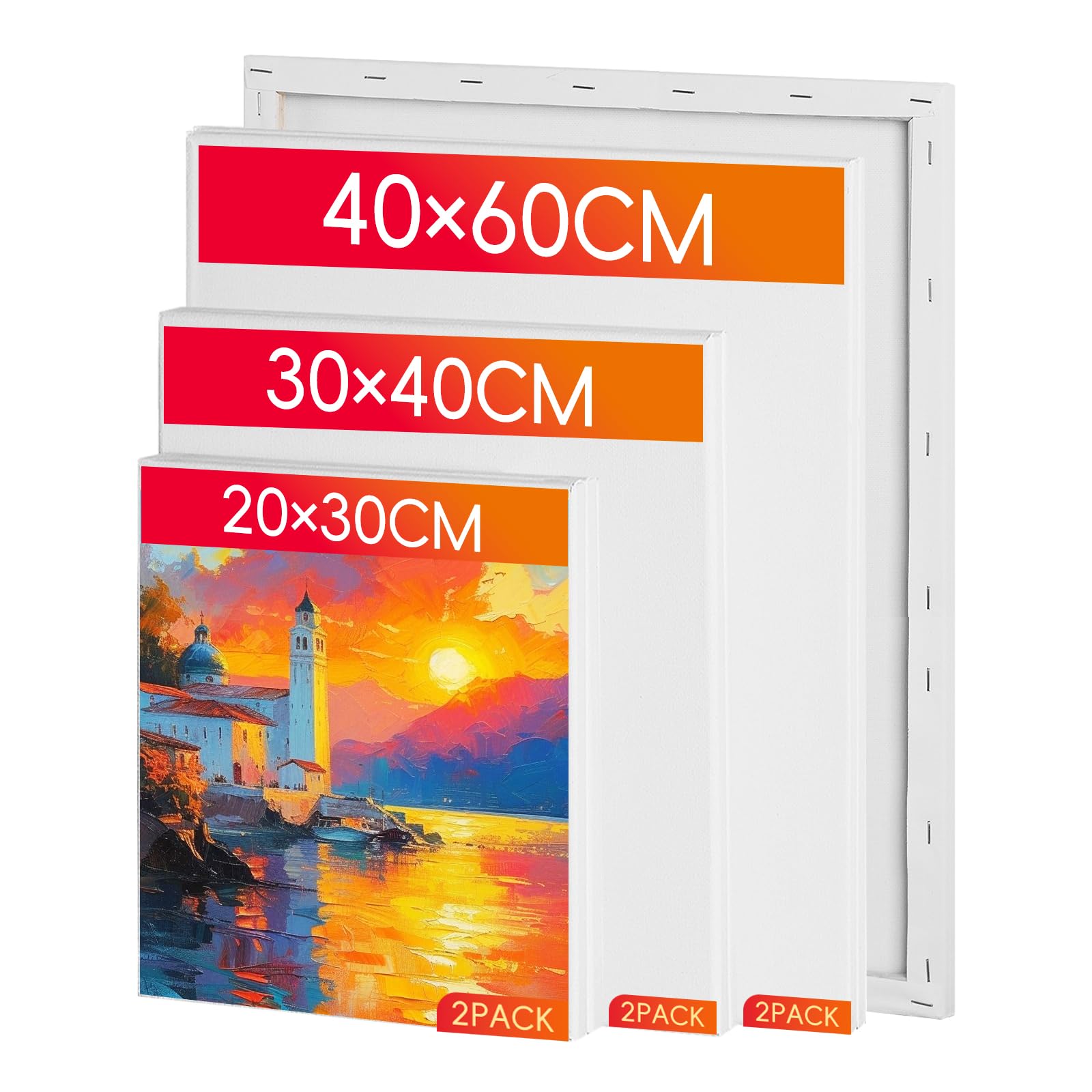 RITOLLO 6 Pack Stretched Canvas for Painting, 40x60,30x40,20x30cm Large Canvases, (A2,A3,A4) 280GSM Cotton Canvases, Acid-Free & Triple Primed for Acrylic, Oil & Watercolour, Artists & Beginners