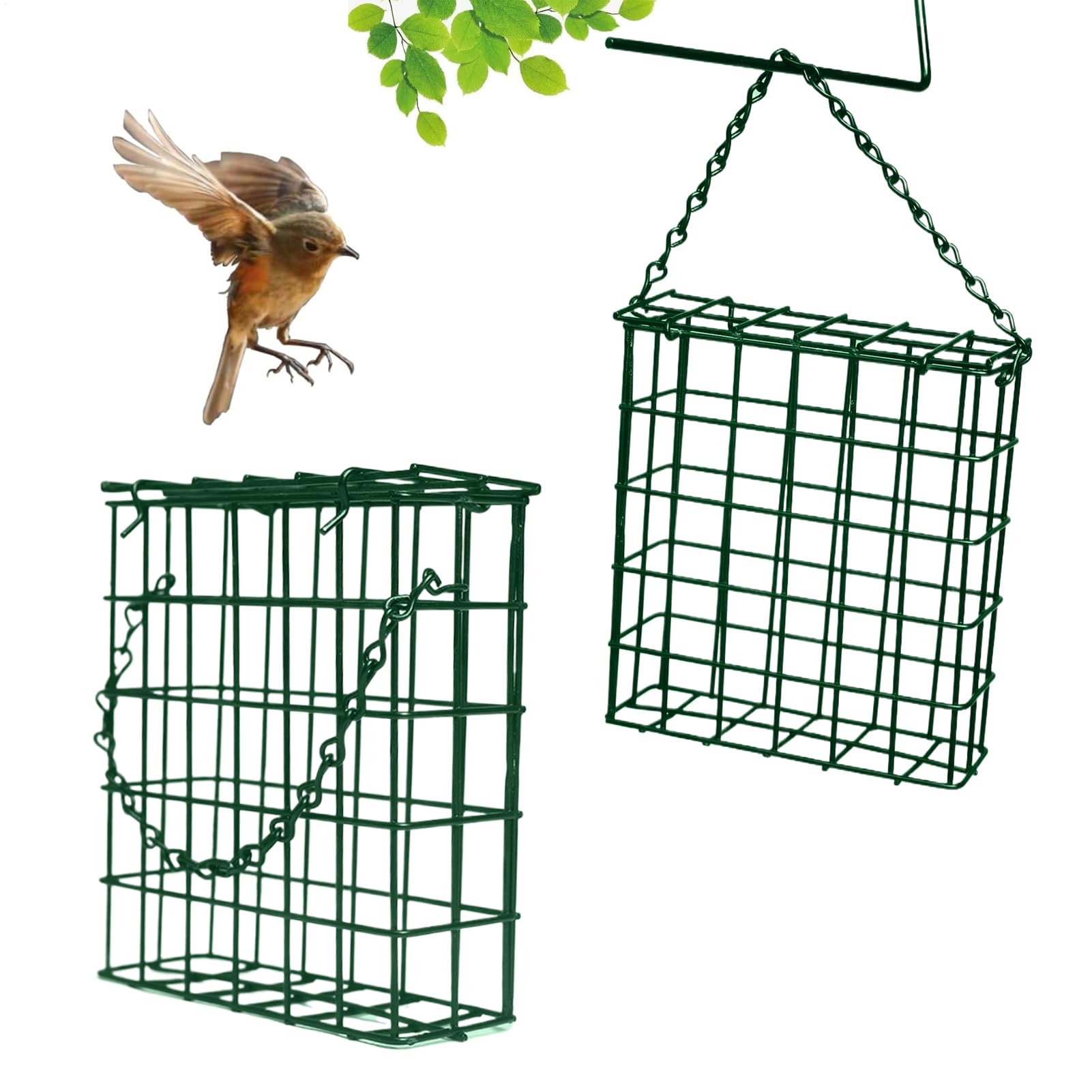 2 Pack Suet Bird Feeder, Outdoor Square Metal Suet Ball Feeder With Hanging Straps, Wire Mesh Bird Feeder For Garden, Green Suet Cake Feeder For Wild Birds
