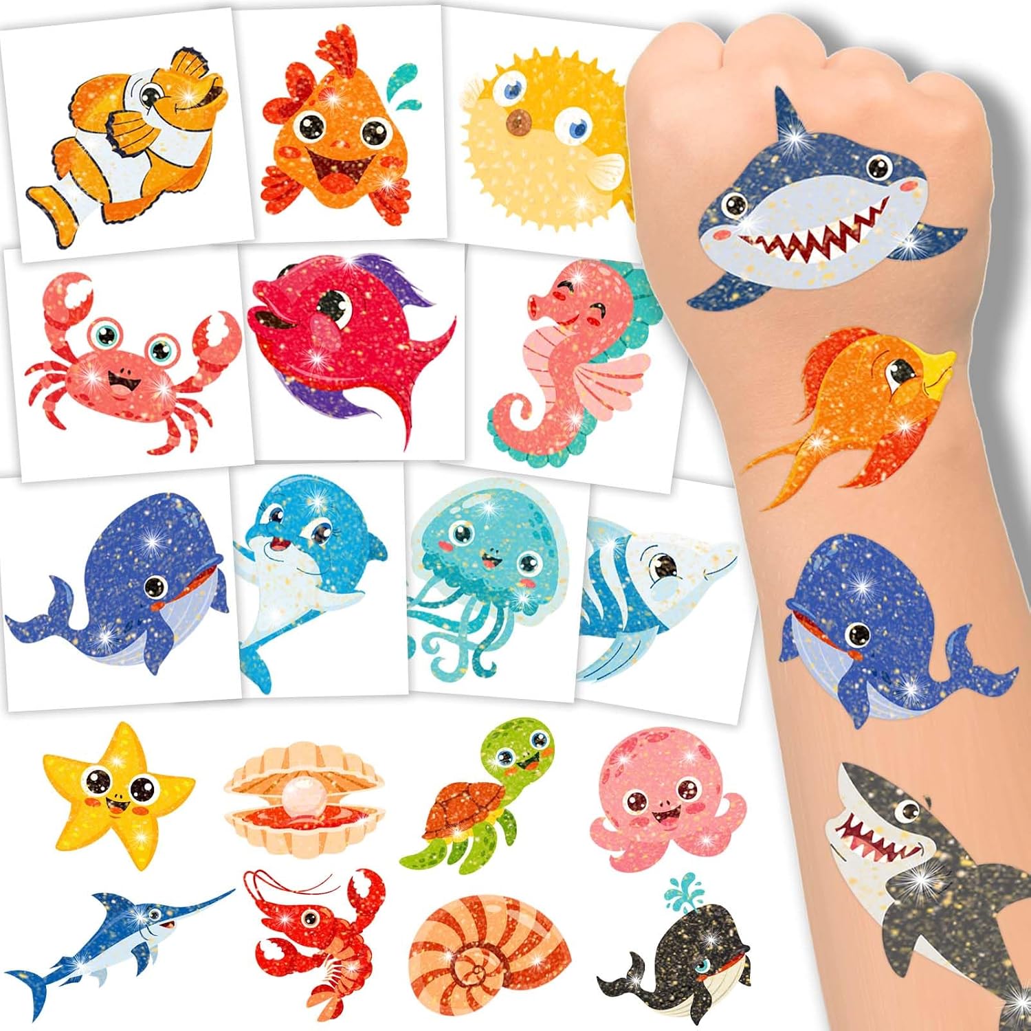 winthrop 120 Pcs Glitter Ocean Animals Temporary Tattoos for Kids, Individually Wrapped Waterproof Safety Tattoos, Best Choice for Marine Animals Birthday Party Classroom Matching Game, 60 Designs
