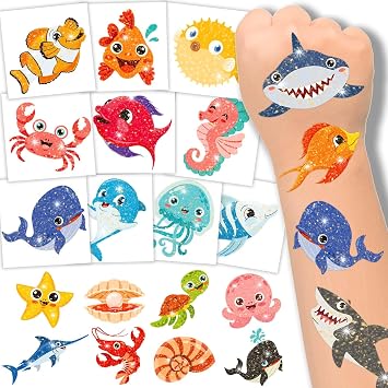 winthrop 120 Pcs Glitter Ocean Animals Temporary Tattoos for Kids, Individually Wrapped Waterproof Safety Tattoos, Best Choice for Marine Animals Birthday Party Classroom Matching Game, 60 Designs