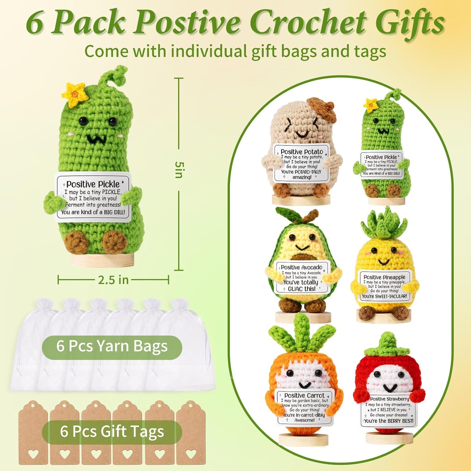 6PCS Emotional Support Positive Crochet Inspirational Cheer Up Gifts for Women, Handmade Positive Crochet Gift Thank You Birthday Teacher Appreciation Easter Gifts for Coworker Nurse Mom Friends Wife