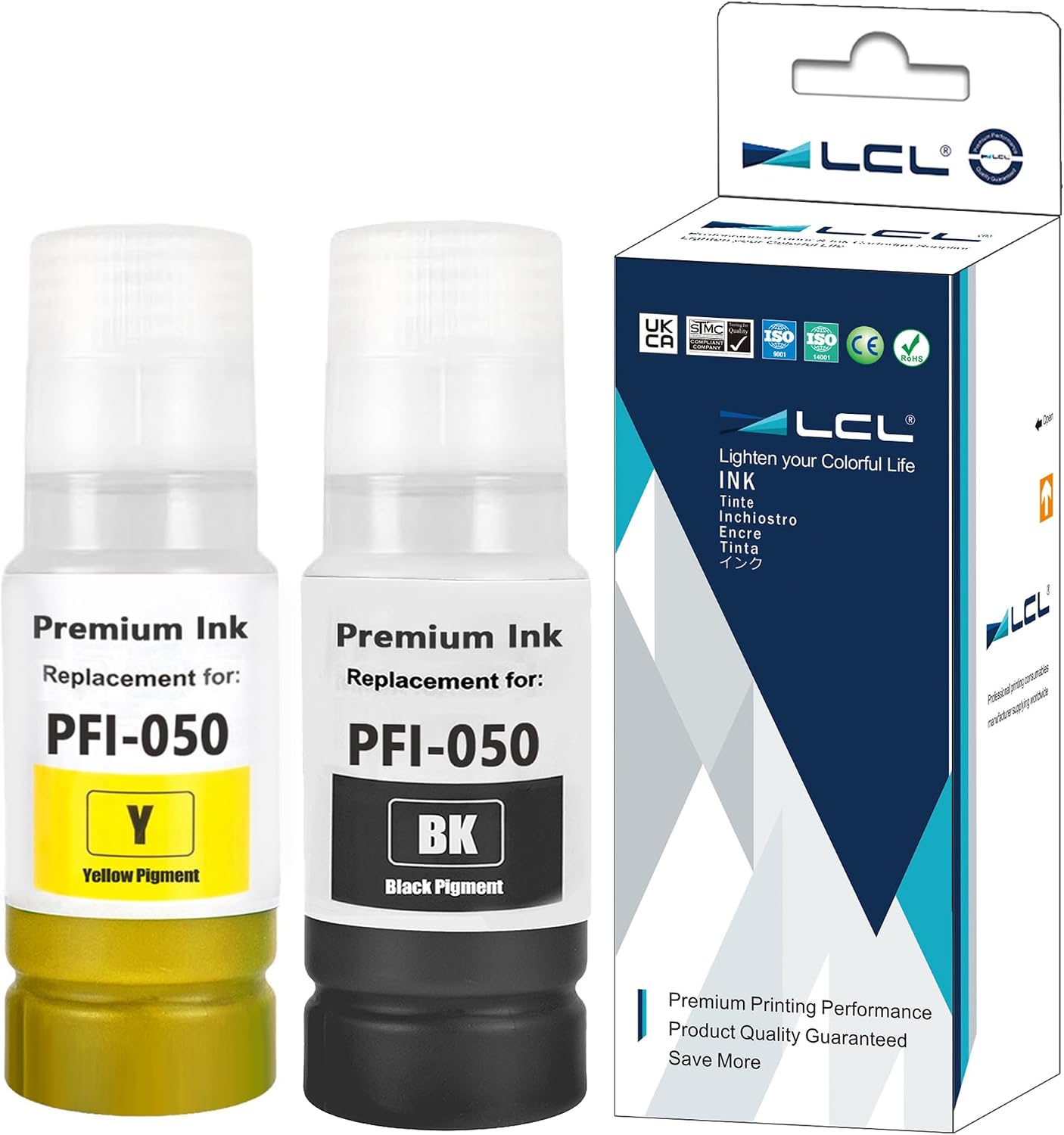 LCL Compatible PFI-050 Pigment Ink Bottle Replacement for Canon PFI-050BK PFI-050Y ImagePrograf TC-20 TC-20M (2-Pack Black+Yellow)