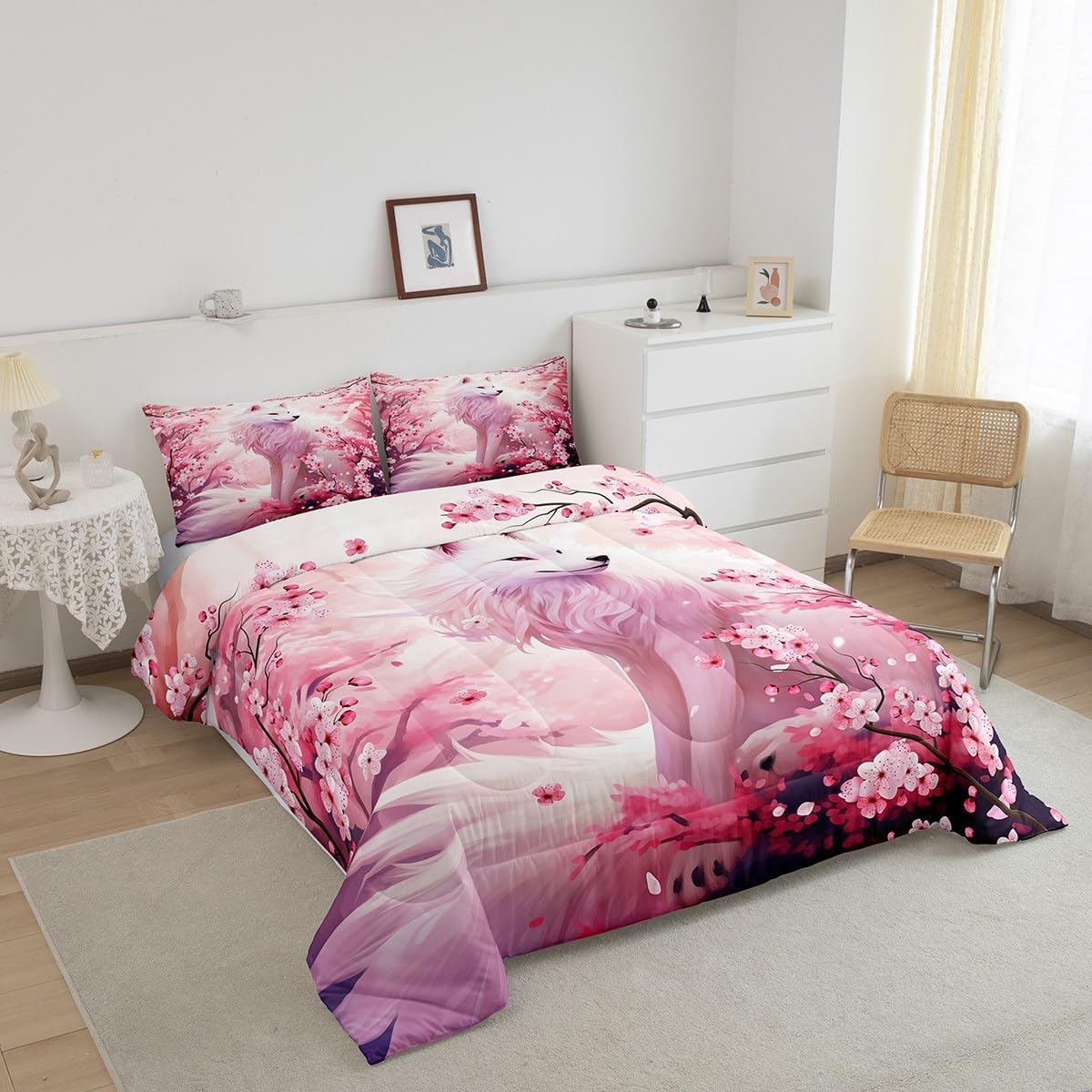 Castle Fairy Pink Fox Comforter Set Twin Size,Pink Cherry Blossom Bedding Set 2Pcs,Wild Animals Plant Quilt for Kids Girls Woman Adult Bedroom Decor,Japanese Style Romantic Duvet Insert,1 Pillowcase