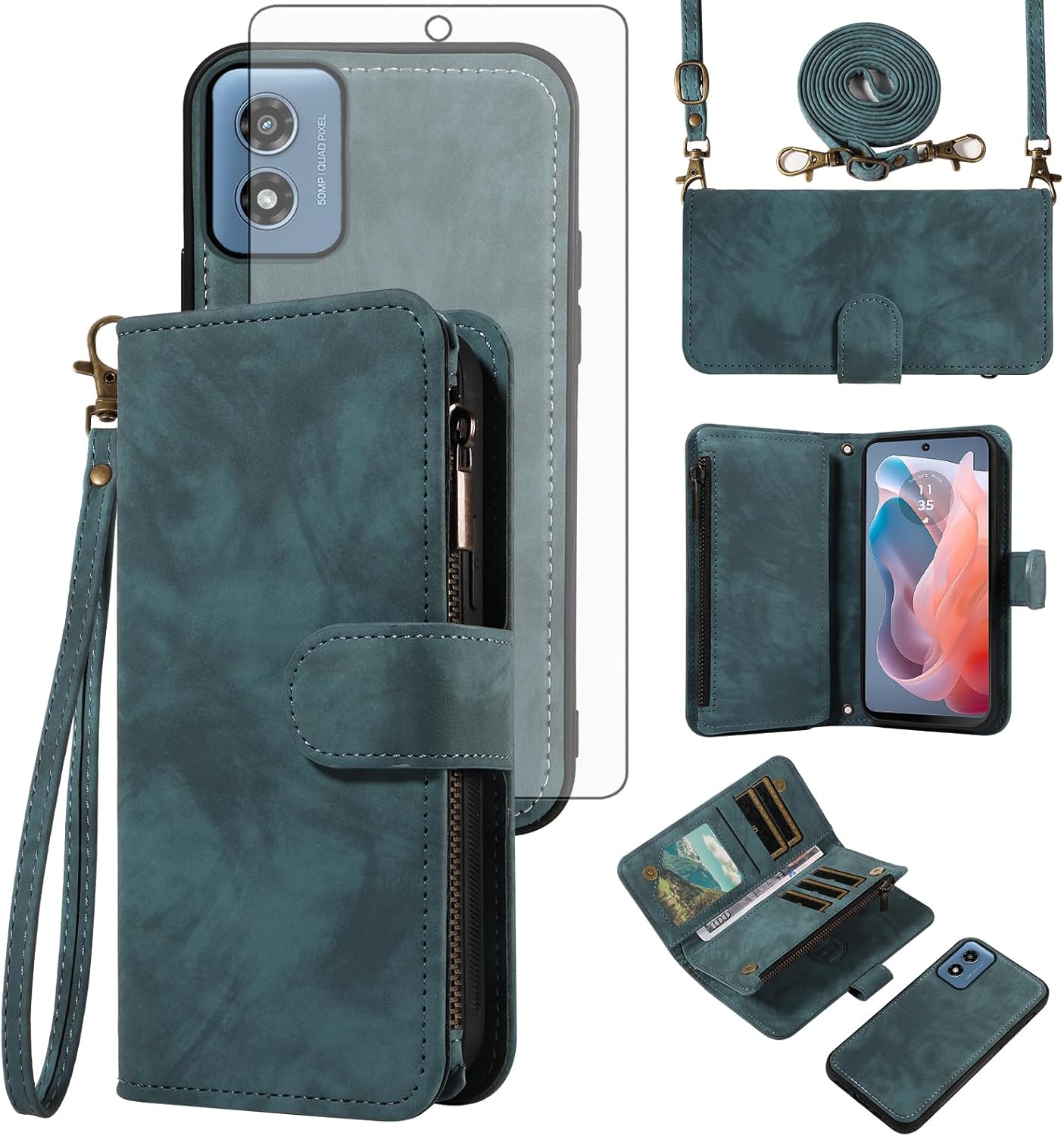 Asuwish Phone Case for Motorola Moto G Play 2024 4G Zipper Wallet Magnetic Cell Cover with Tempered Glass Screen Protector Crossbody Wrist Strap Flip Credit Card Holder Purse 64GB Women Girls Red