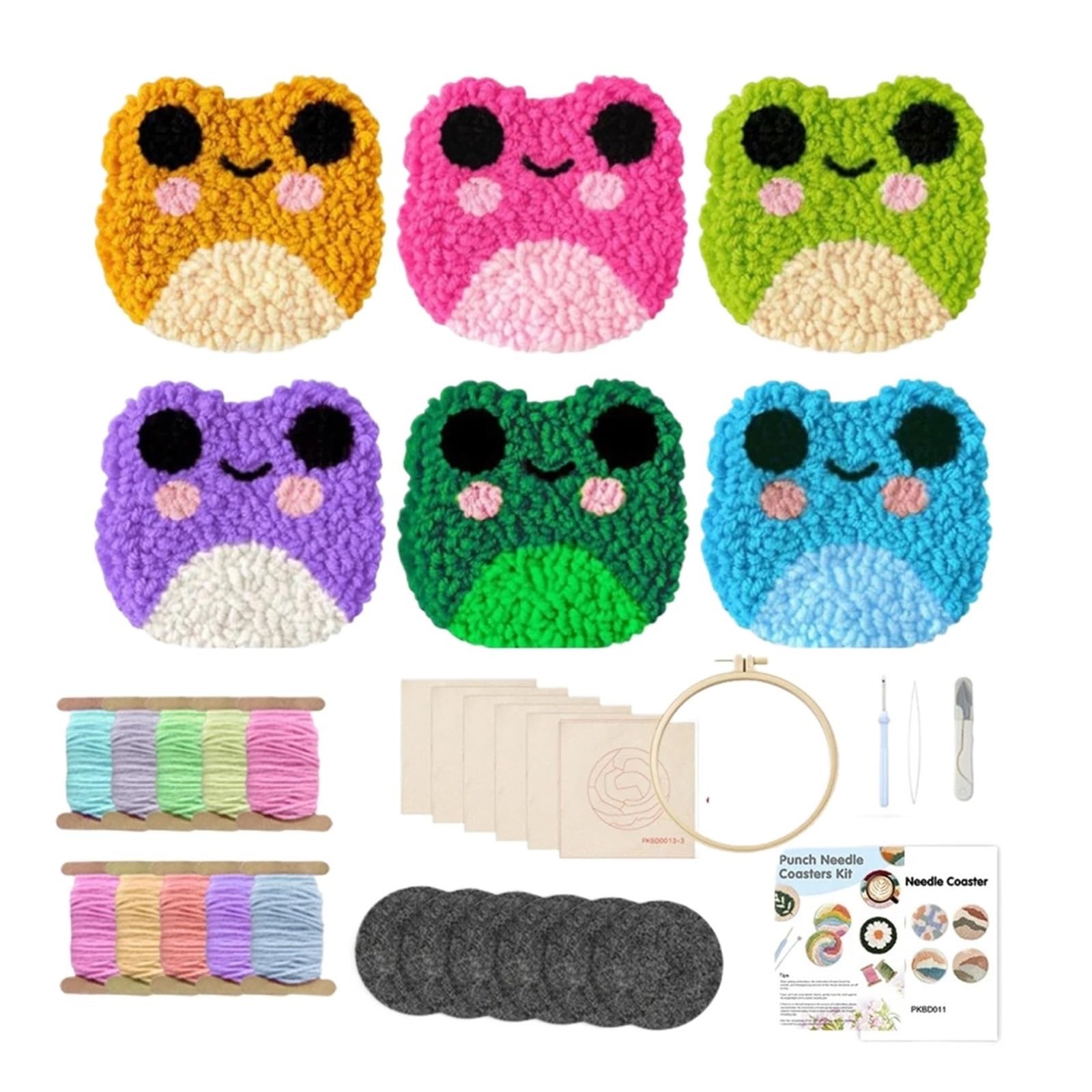 1set Frog Punch Needle Coaster Kit Crafts Coasters Kits Tufted Rug Pads With Adhesive Felt Yarns Embroidery Hoop for DIY