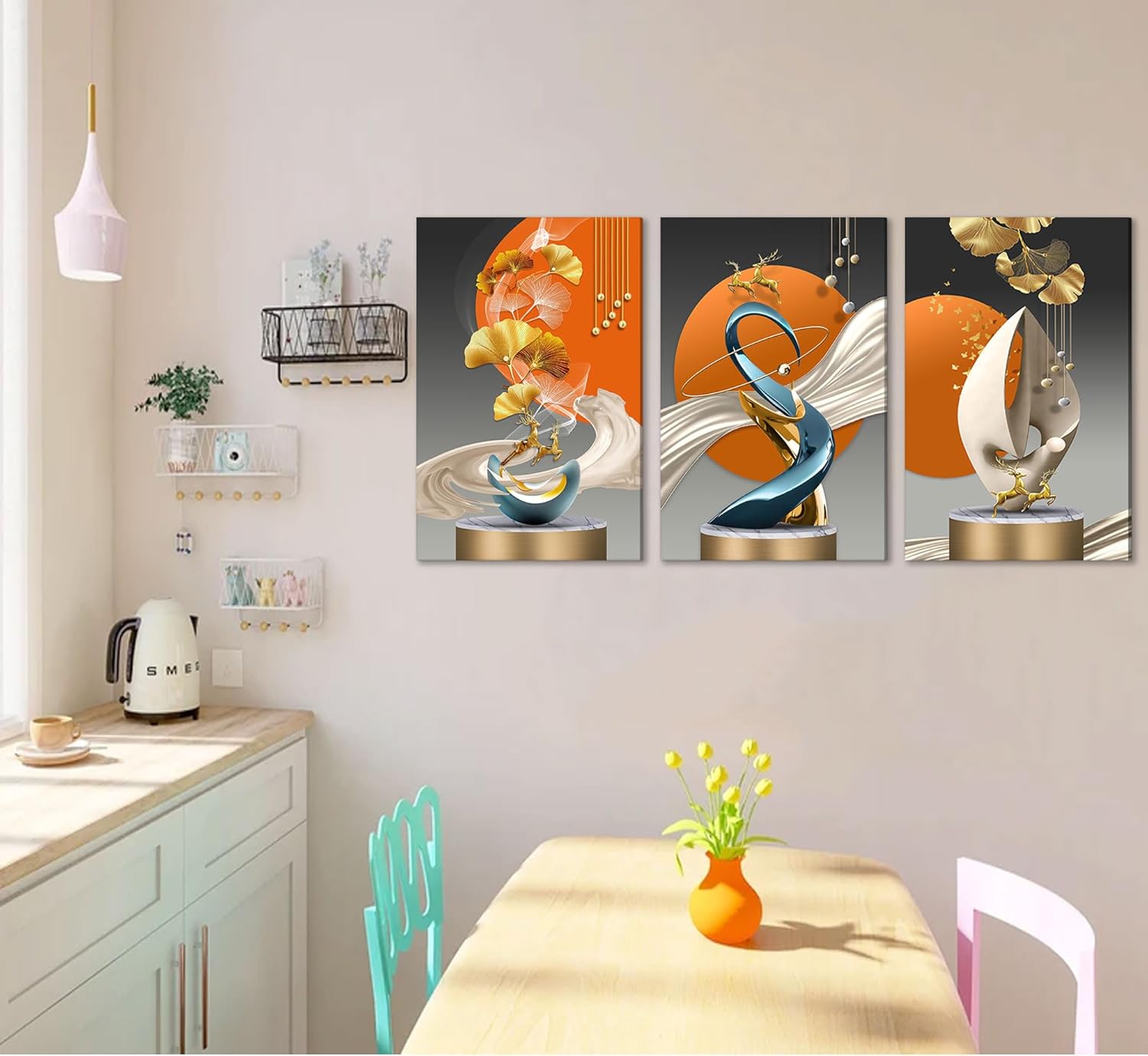 3pcs Modern Abstract Canvas Wall Art Golden Deer Ginkgo Leaf Luxury Foil Lines Wall Decor Pictures White Blue Orange Color Posters Prints Paintings for Living Room Bedroom Office Home Decoration