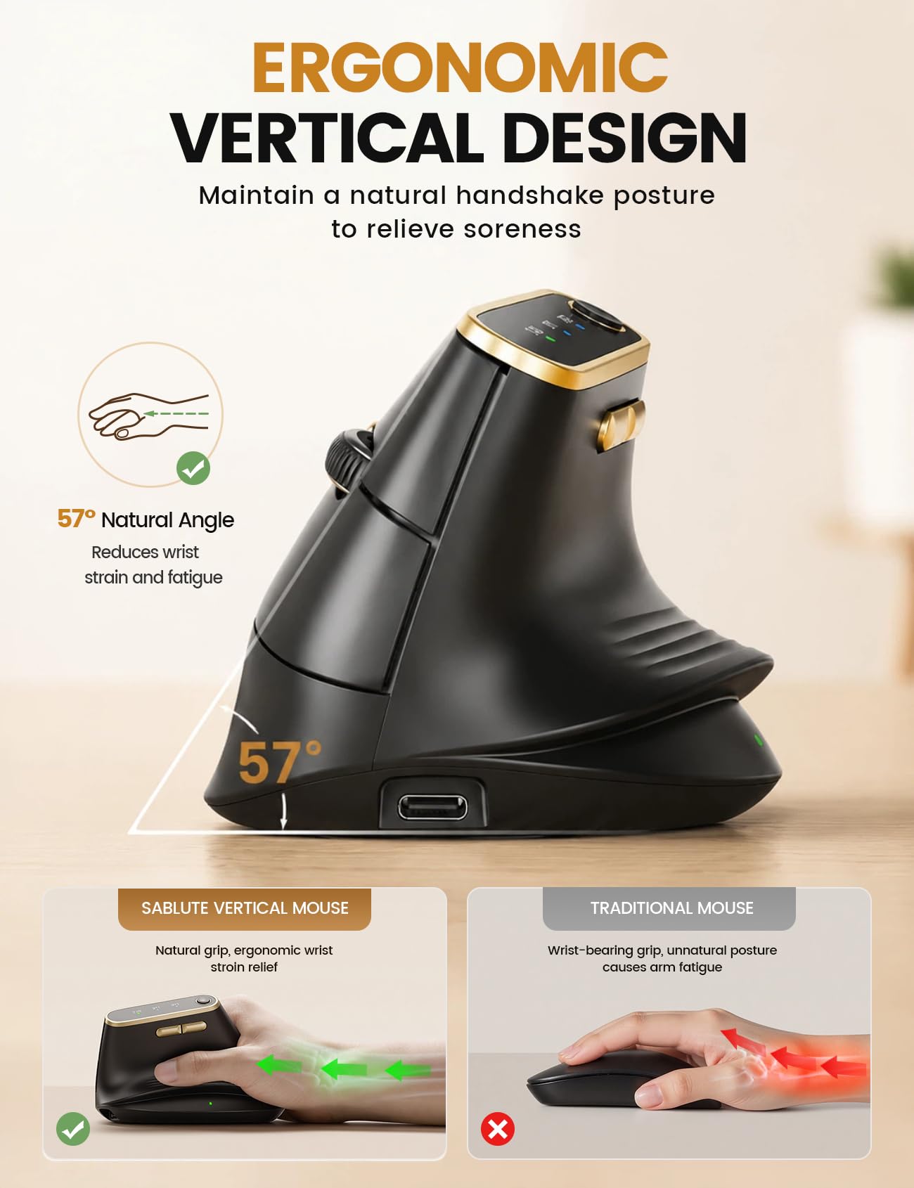SABLUTE Ratón inalámbrico vertical ergonómico con conmutación de 3 dispositivos MAM4 | Bluetooth y 2.4GHz, botones programables, desplazamiento rápido, recargable por USB-C, batería de 30 días, 8000 DPI ajustable