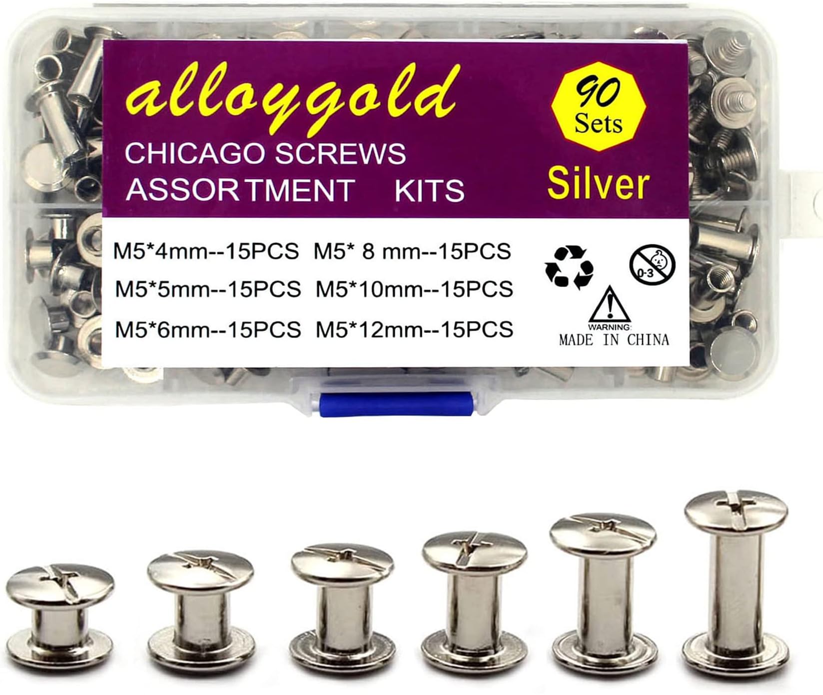 90 Sets Chicago Screws Assorted Kit Leather Rivet DIY Bookbinding Round Flat Head Rivets Screw Contains 6 Sizes of Nuts and 3 Sizes of Screws ๏ผSilver๏ผ