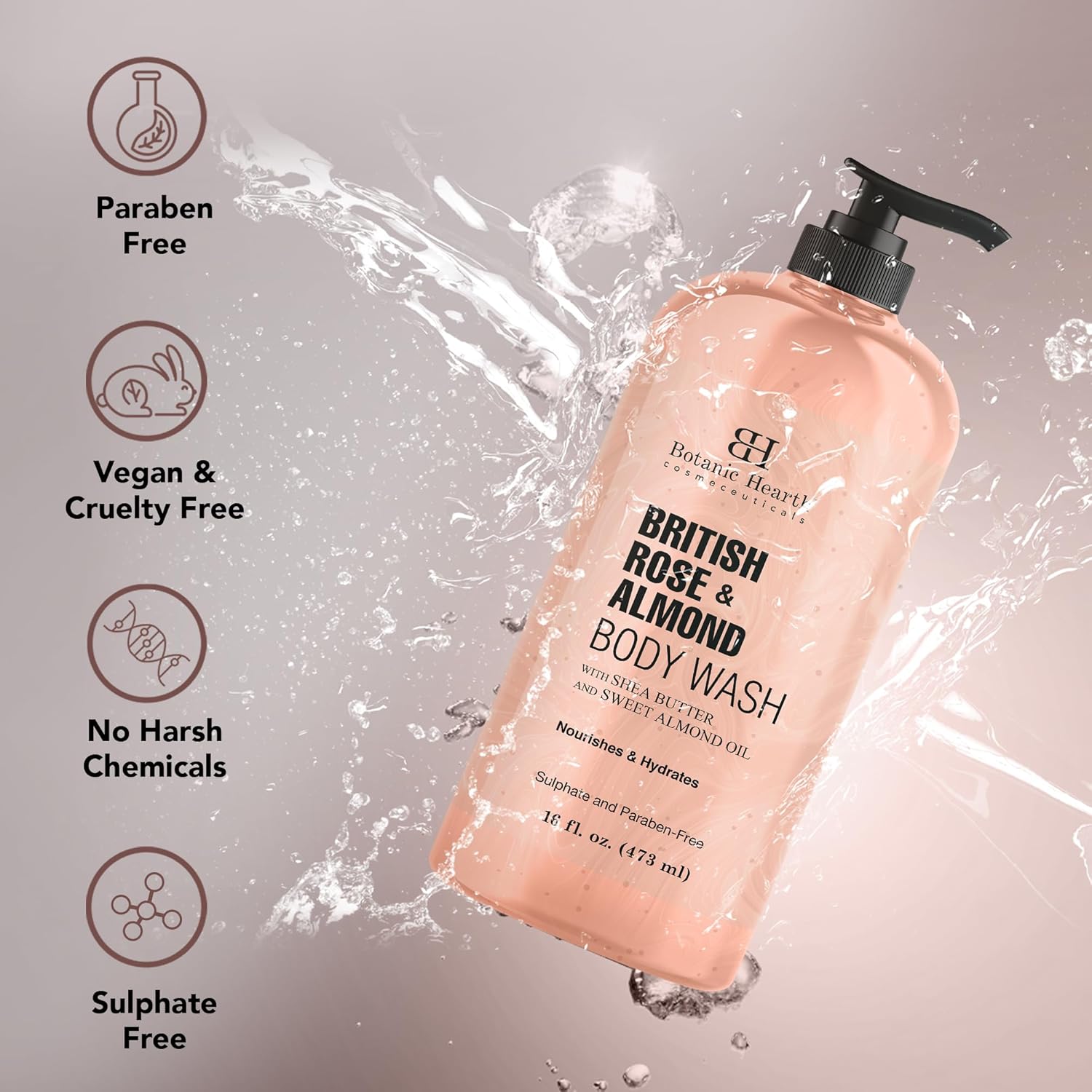 Botanic Hearth British Rose & Almond Body Wash – Moisturizing Shower Gel with Shea Butter, Gentle Hydrating Cleanser, Sulfate & Paraben Free – 16 fl oz - Image 6