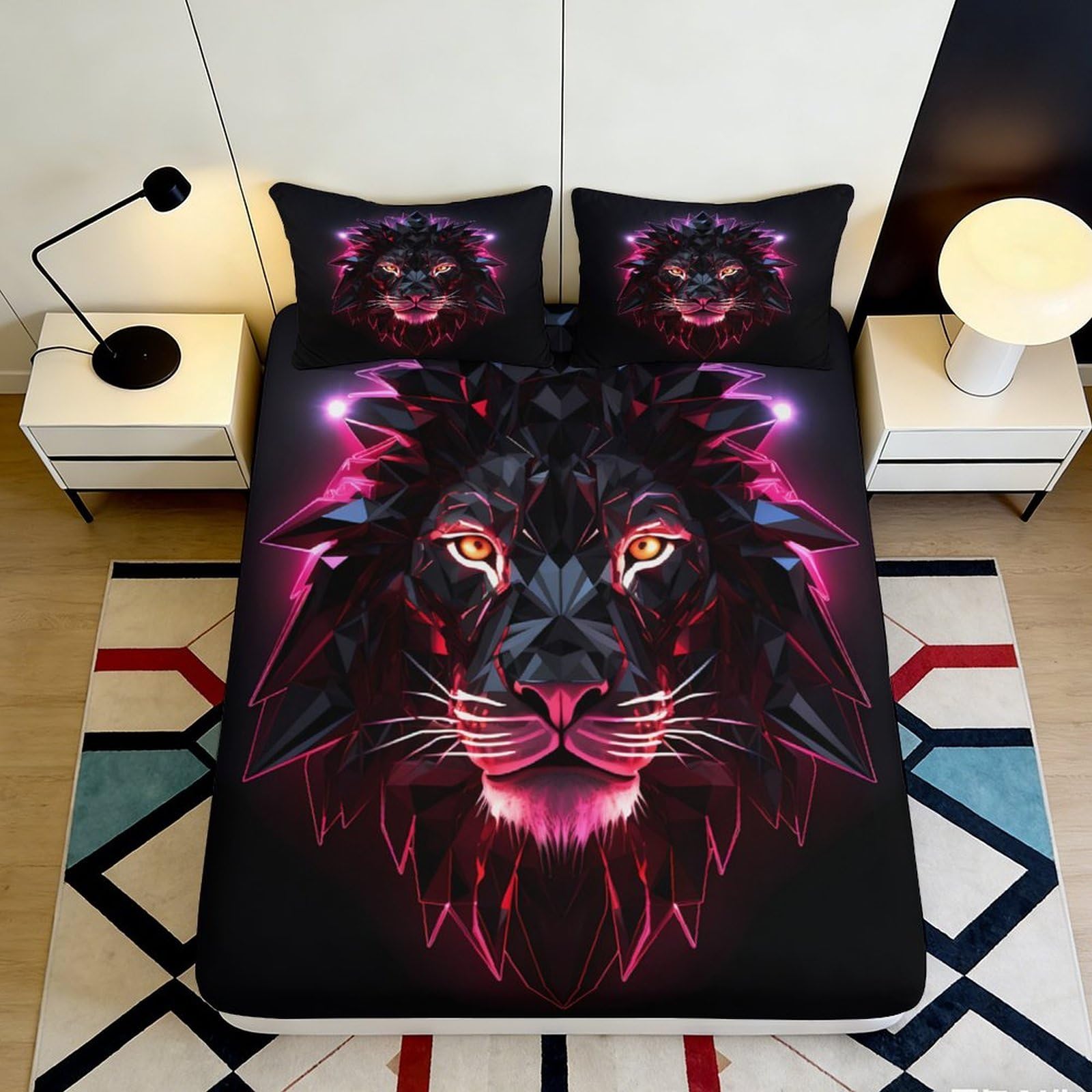 3D Printed Neon Lion Fitted Sheet Microfiber Soft Durable Black Bed Cover with Geometric Art for Bedroom Dormitory Guest Room Mattress Protection 200x200x25cm
