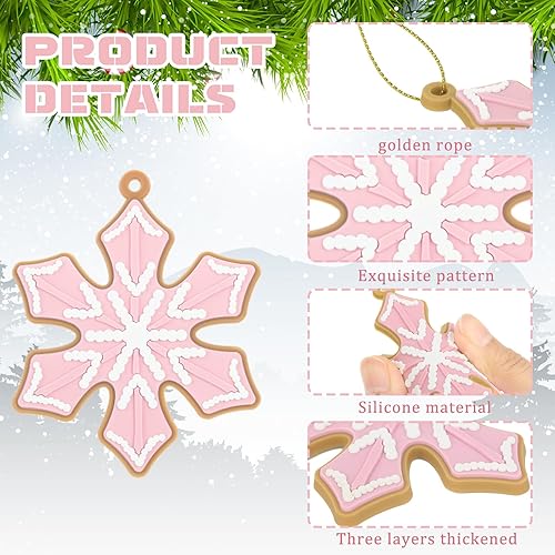 Miniatura 3 de 20 adornos navideños de copo de nieve de jengibre, decoraciones colgantes para árbol de silicona, adornos de Navidad rosados, adornos de Navidad