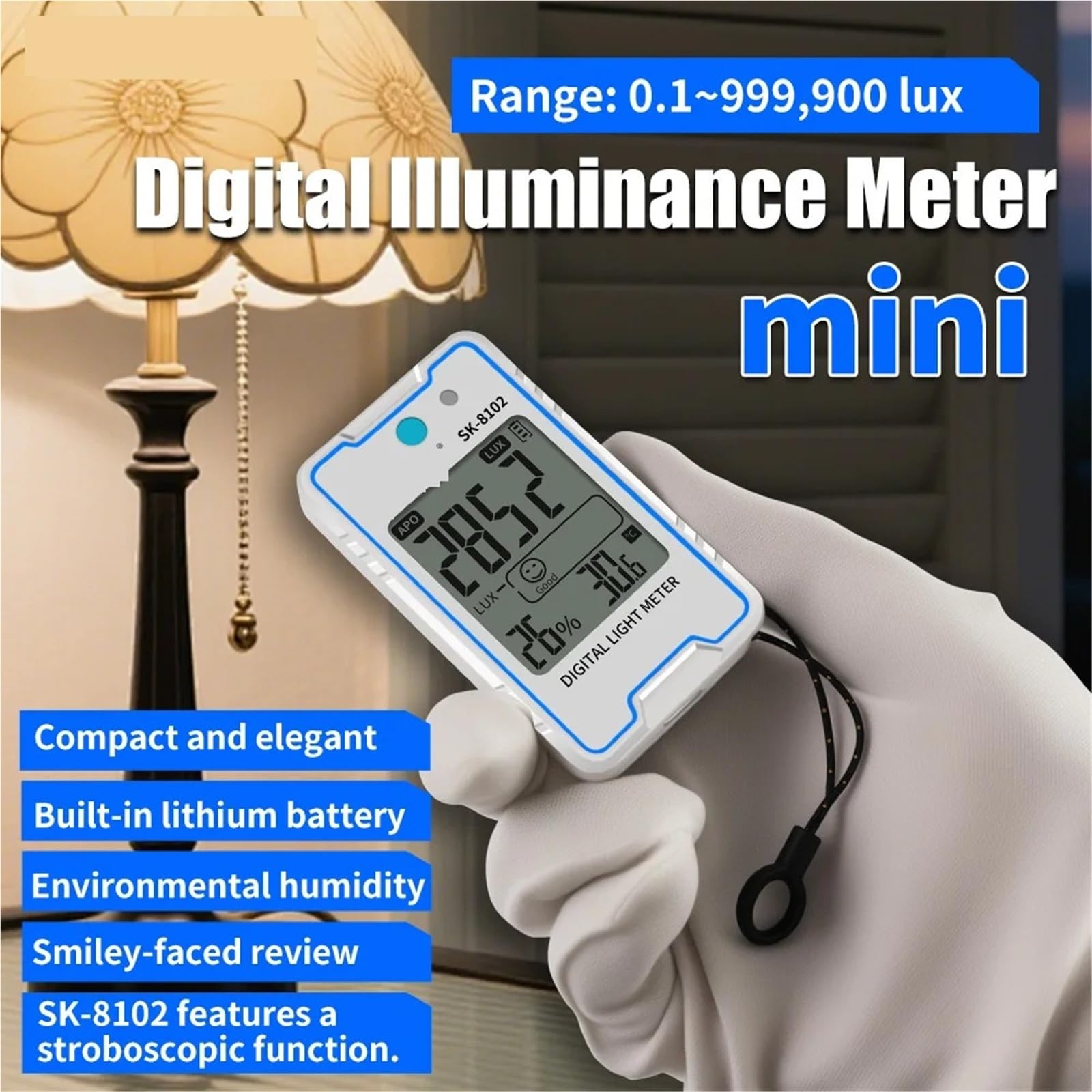 Luxómetro, Mini iluminómetro Digital SK8102 luxómetro Digital profesional 999900Lux 92890FC medidor de Lux de luz estroboscópica(SK-8102)