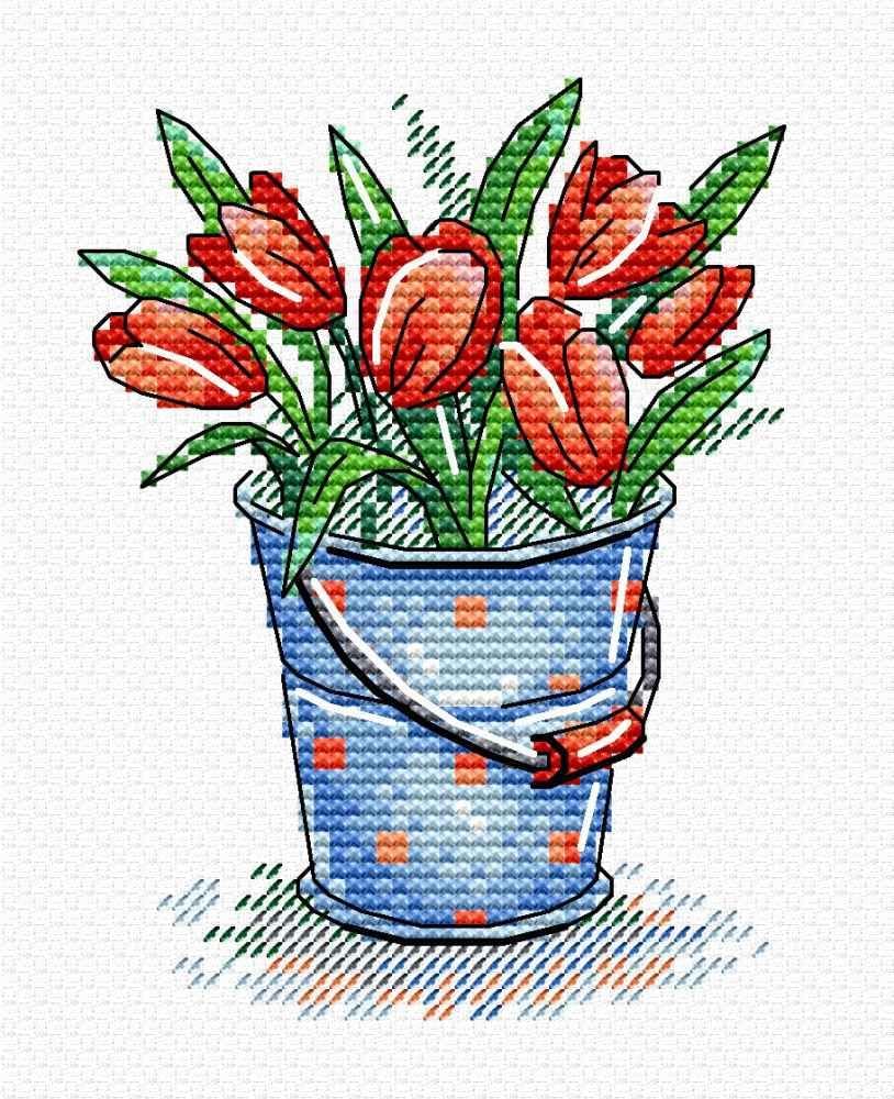Wizardi Tulips Cross Stitch kit. Beginner Cross Stitch Pattern. Flower Counted Cross-Stitch kit on Aida 14 Count Canvas. MP Studia SM-377