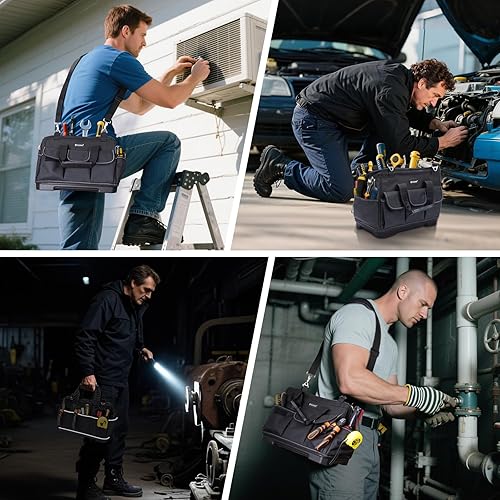 Miniatura 9 de TICONN Bolsa de herramientas con múltiples bolsillos de boca ancha para herramientas con correas reflectantes de seguridad, correa de hombro