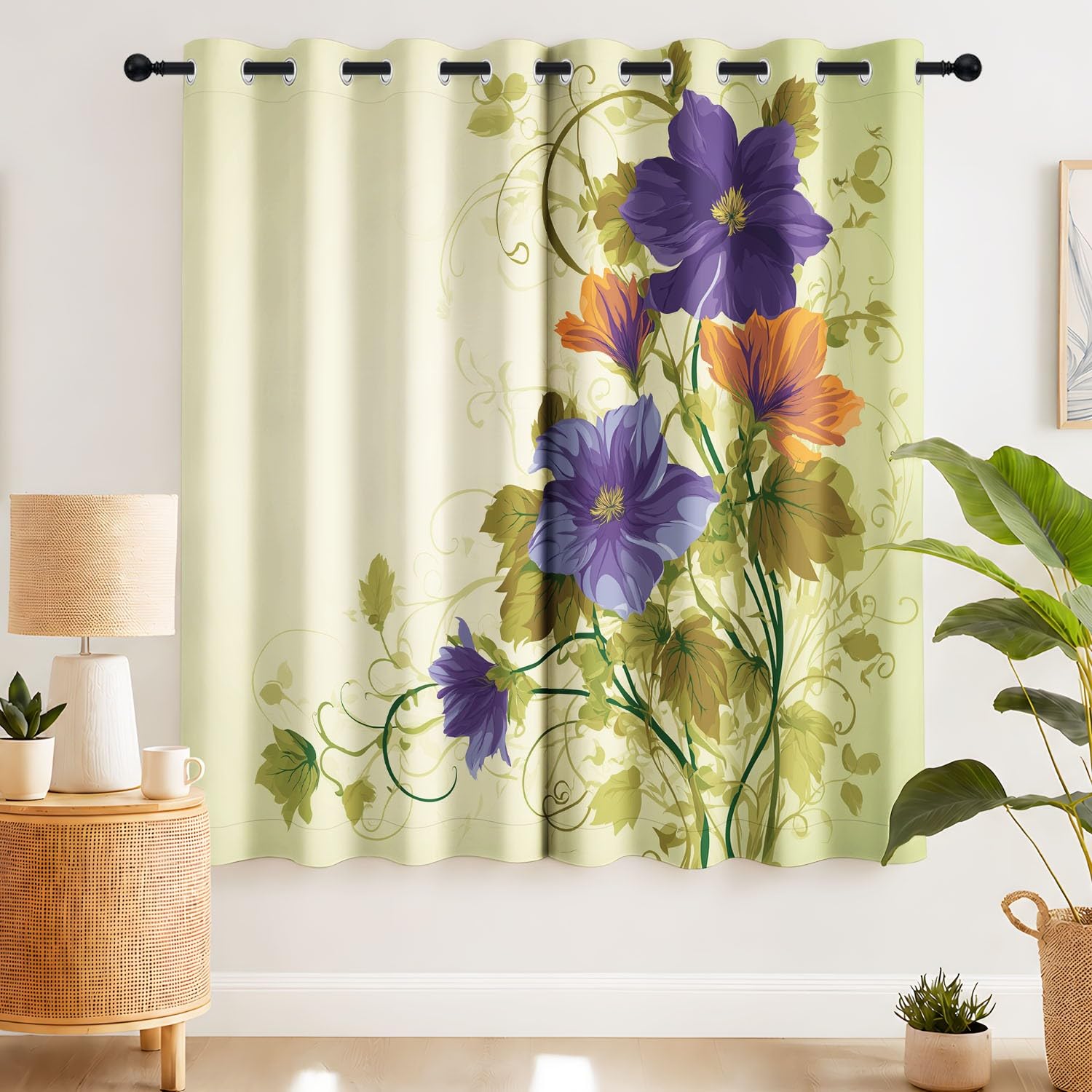 Wykwintne zasłony zaciemniające w stylu vintage, do sypialni, salonu, kwiatowe spraye, liście, ozdobne zwoje, przelotki, izolacja termiczna, 228 x 228 cm (szer. x gł. 228 cm) (2 panele)