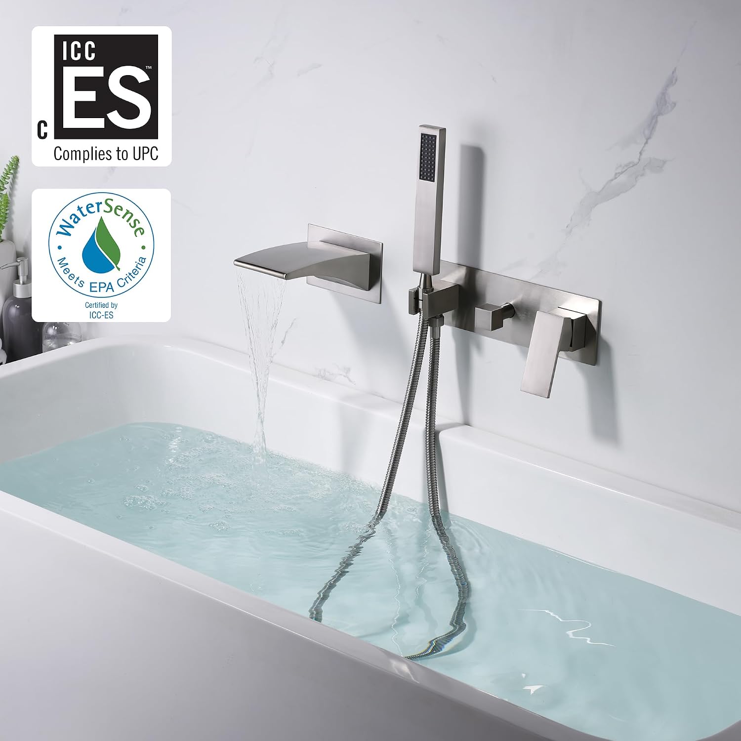 sumerain Wall Mount Tub Filler Brushed Nickel with Waterfall Tub Spout and Handheld Shower, High Flow image 2