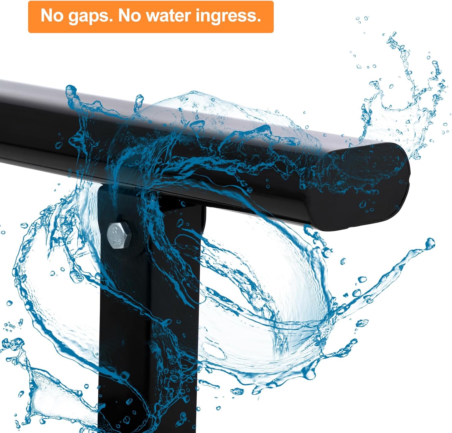 Close-up image of the handrail end with water splashing, illustrating the 'No gaps. No water ingress.' feature.