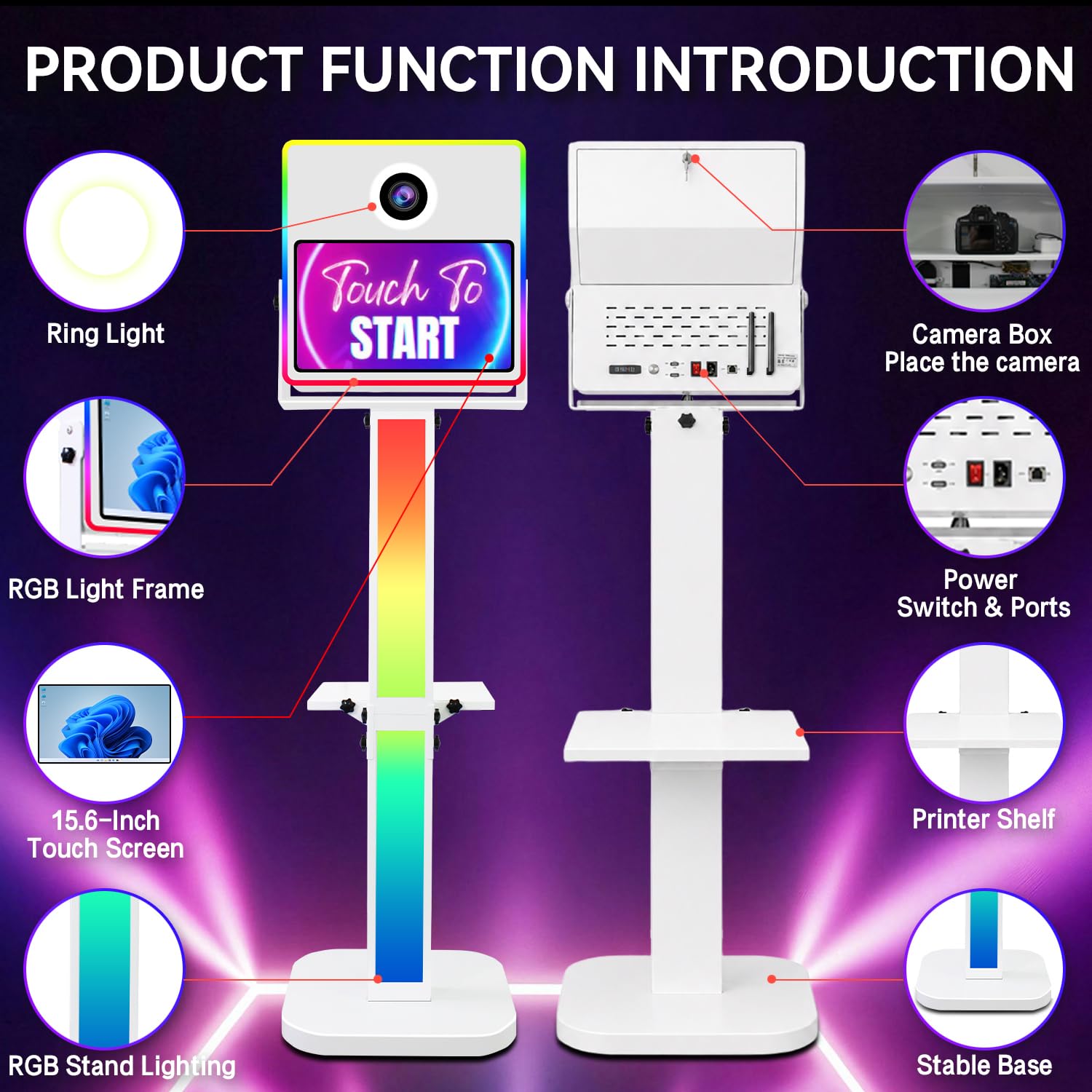 Macchina fotografica DSLR, fotobooth istantaneo, touchscreen da 15,6", mini PC integrato per selfie e feste di nozze (bianco, cabina fotografica + fotocamera) | Stampa istantanea e condivisione di foto, sincronizzazione musicale, luce RGB