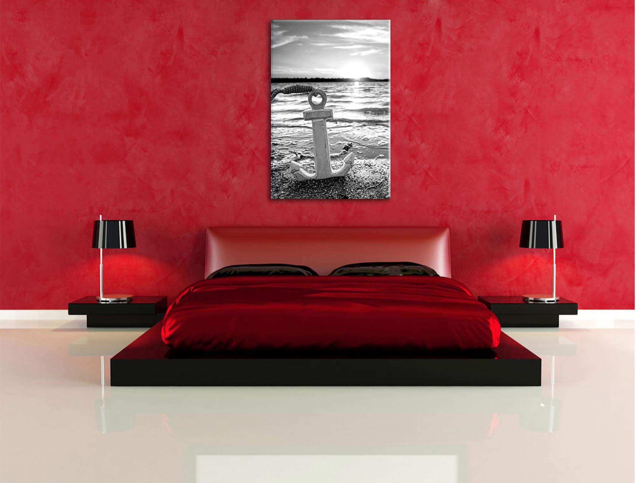 Pixxprint Anker am Ostseestrand im Sonnenuntergang, Monochrome, Größe: 120x80cm, Leinwandbild, fertig gespannt, Wandbild, Dekoration, Kunstdruck, kein Poster