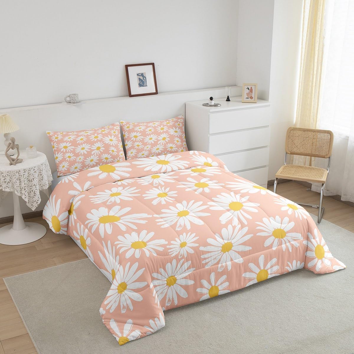 Castle Fairy Girls Daisy Twin Size Comforter Set,Kids Pink White Yellow Decor All Season Bedding Set,Teens Daisy Flowers Comforter,Children Spring Floral Decor Quilt Set Bedroom Collection 2Pcs