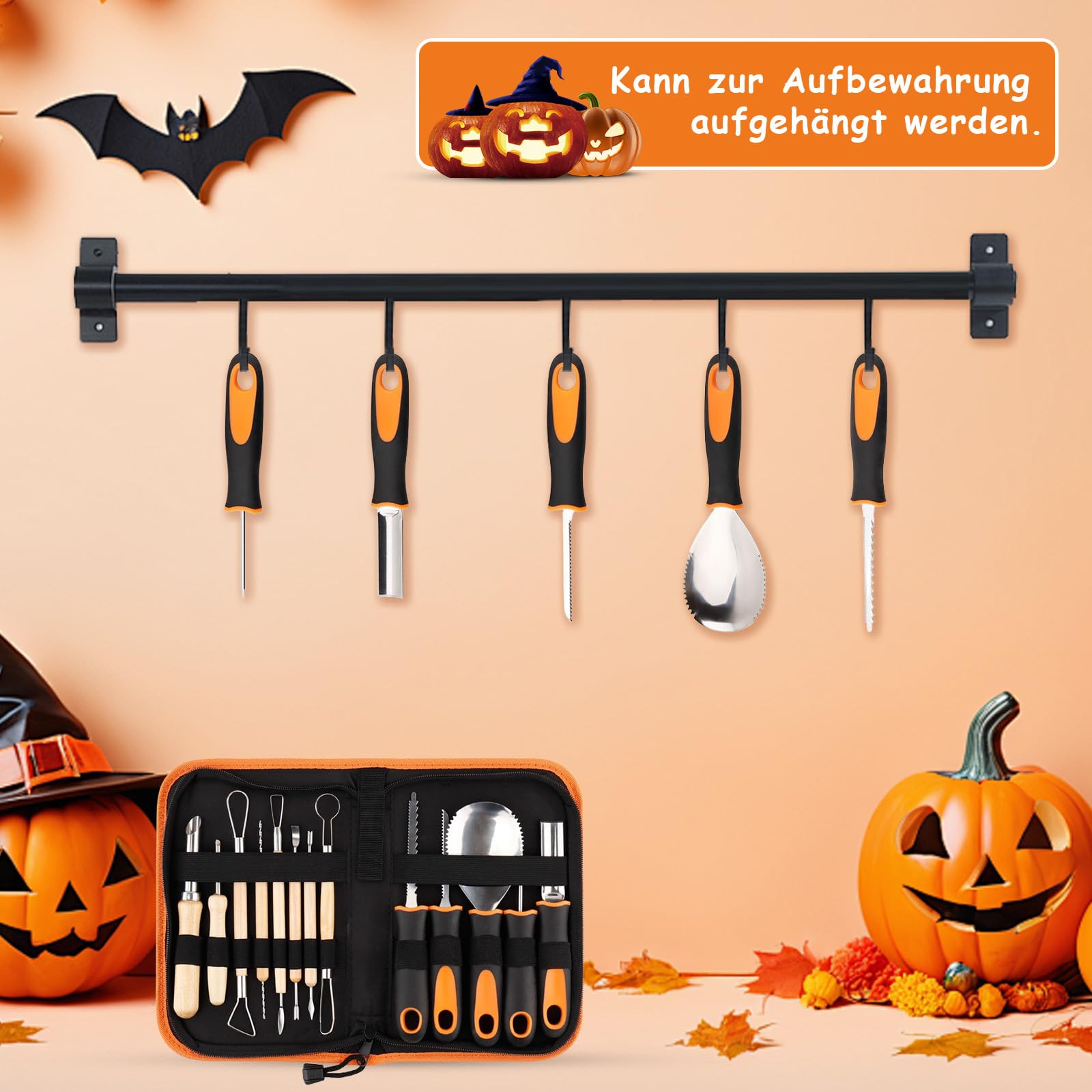 Halloween Kürbis Schnitzset 13-teilig - Mit Edelstahl Werkzeugen & Vorlagen | Für Kinder & Familie