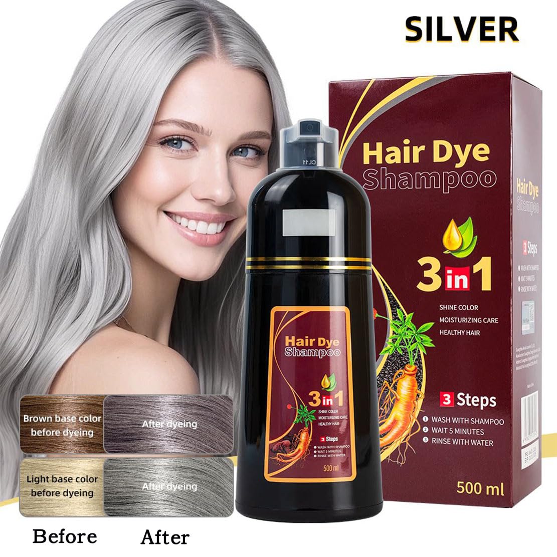 Haarfärbeshampoo, Grauabdeckung, einfach anzuwendende Haarfarbe, langanhaltende Haarfarbe, mit Ginseng und Kräuteressenzen, für Frauen und Männer, 9 Trendfarben, für alle Haartypen (Sliver)