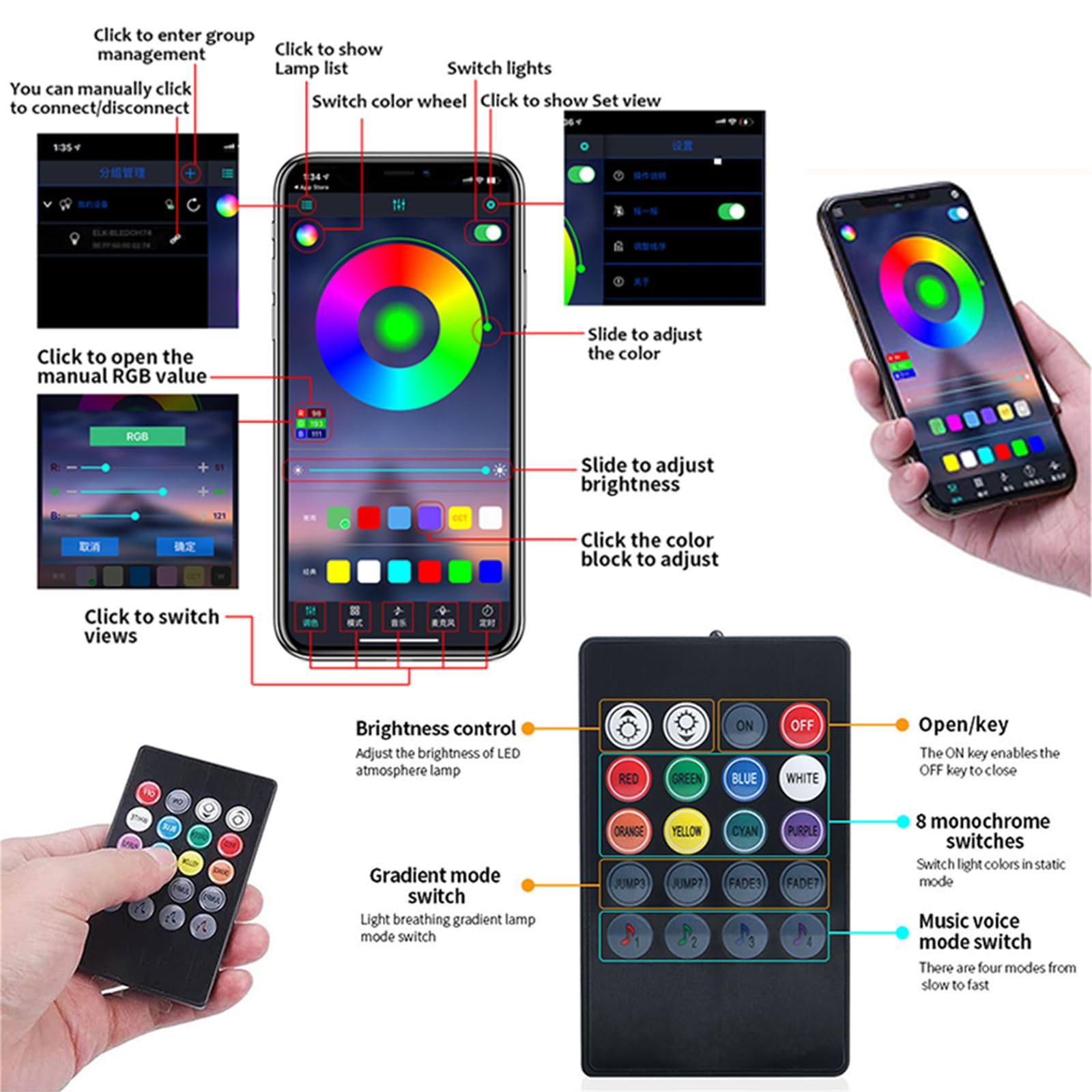 Tira De Luces LED para Interior De Coche, 14 En 1, Luz Ambiental LED, Iluminación Interior De Coche, Tira De Luz De Ambiente De Neón RGB Flexible con Aplicación Y Mando A Distancia