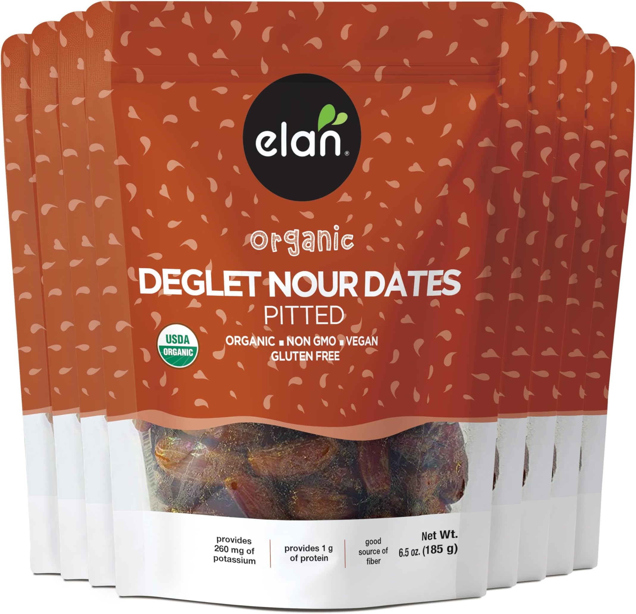 Elan Organic Pitted Dates, Naturally Sweet Dried Fruits, No Pits, No Sugar Added, No Sulphites, Non-GMO, Vegan, Gluten-Free, Kosher, Deglet Noor Dried Dates, 8 pack of 6.5 oz