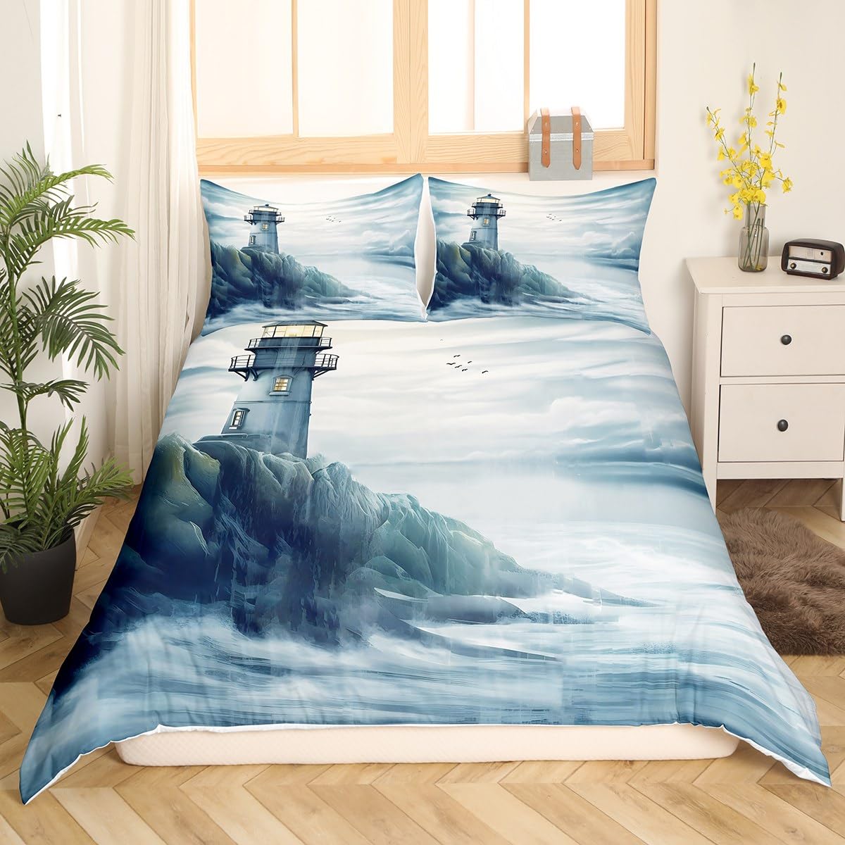 Feelyou Lighthouse Bedding Set Queen Size Kids Nautical Decor Comforter Cover Set for Boys Girls Teens Ocean Themed Duvet Cover Sea Adventure Bedspread Cover Marine Theme Quilt Cover
