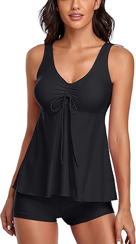 Omichic Trajes de baño tankini modestos para mujer, trajes de baño de dos piezas, estampado floral, camiseta sin mangas con pantalones cortos