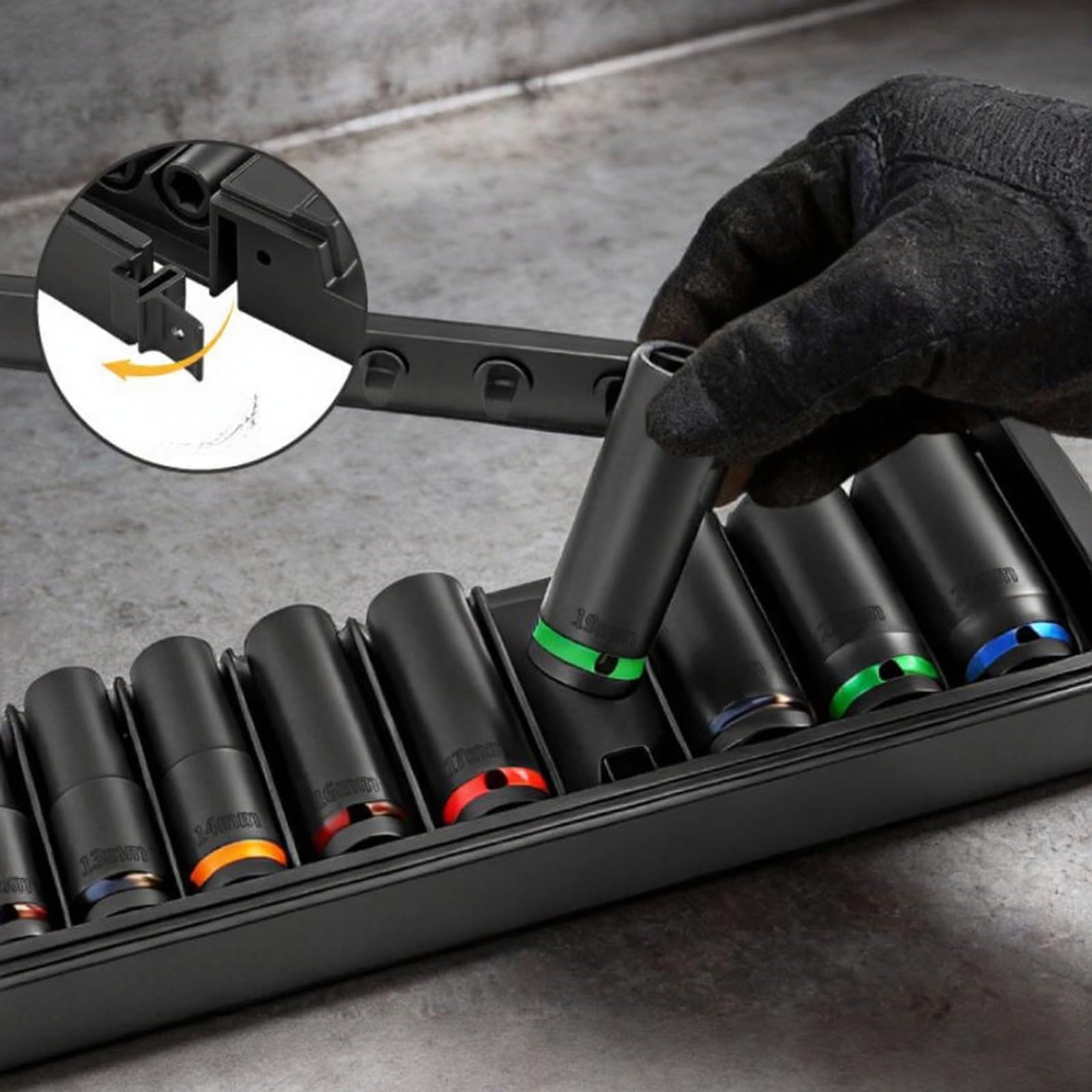 Set di chiavi a bussola da 1/2" da 10-24 mm, 10 pezzi in lega a parete spessa per bussole a percussione con giunto flessibile e anelli colorati per la manutenzione dei macchinari (78 mm)