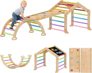 Climbing Frame for Toddlers Indoor Climbing Frame, 9 in 1 Wooden Baby Indoor Playground with Ramp, Slide, Arch, Ladder, Blackboard, Play Jungle Gym Climber for Kids 1.5-4 Years Old