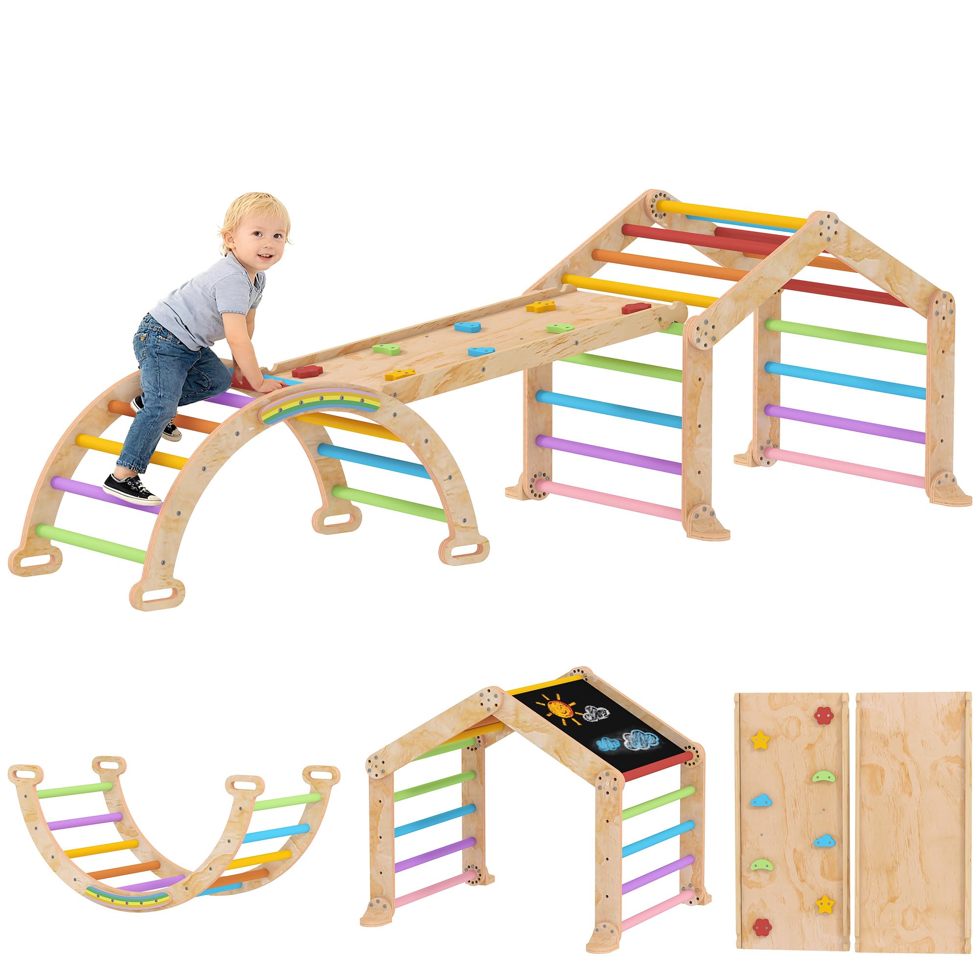 AIYAPLAY Triángulo de Escalada Infantil 9 en 1 de Madera, con Rampa Reversible, Tobogán, Basculas y Estructura de Escalada, Carga Máx. 50 kg, para bebé 18-48 Meses, Multicolor