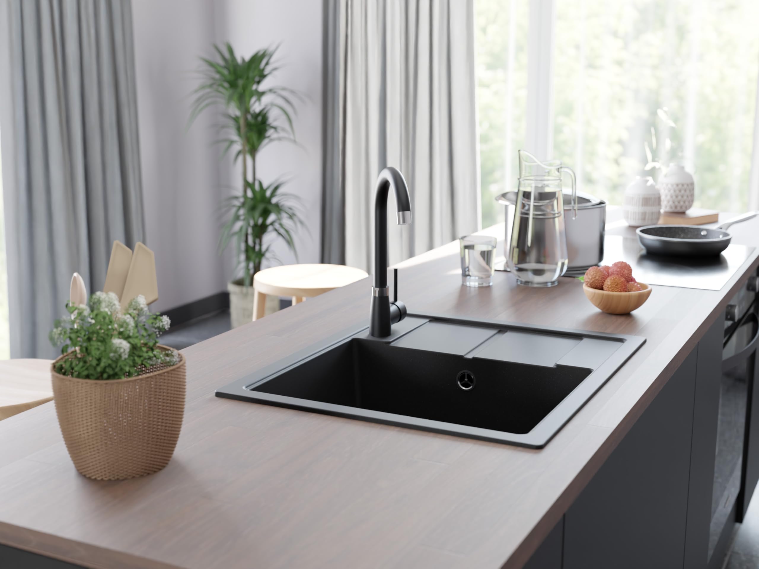 GRANMASTER Horizon Granitspüle 1 Becken mit Siphon, Spüle Arbeitsplatte Küchenspüle mit Wasserhahn, 59 x 50 x 20,3 cm Spüle mit Abtropffläche aus Granit, Imprägnieren 50ml Schwarz Metallic