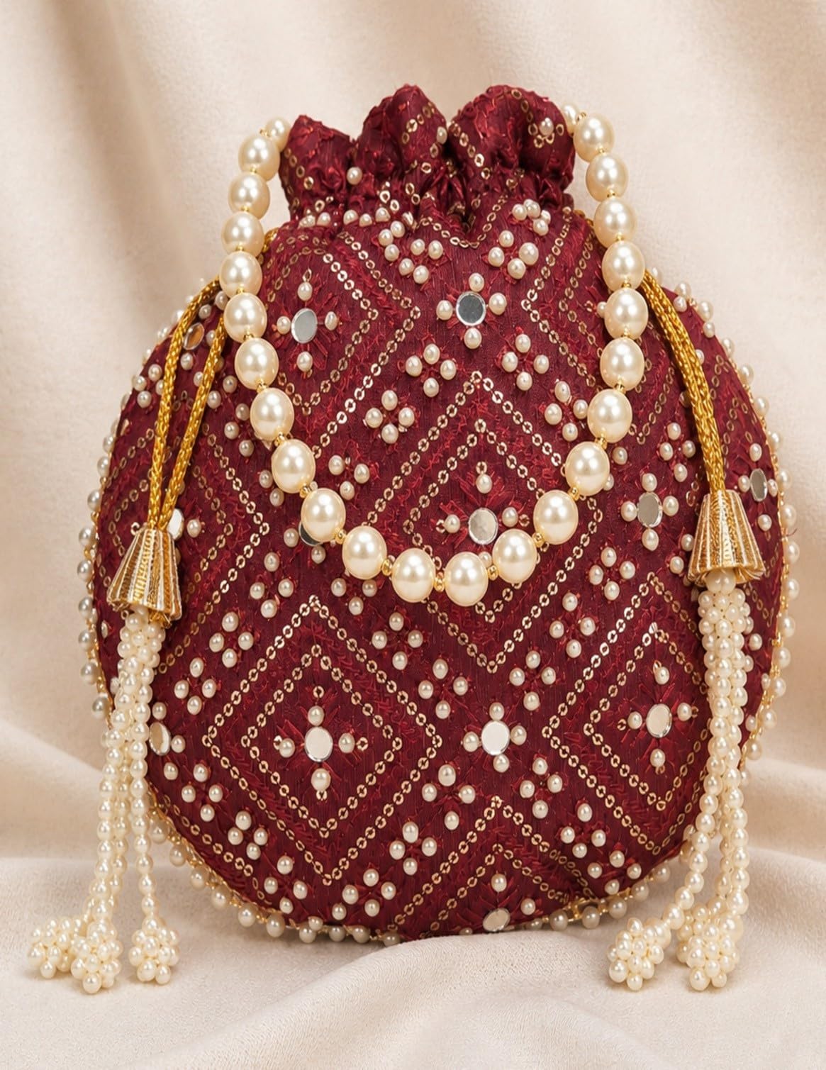 JDDCART Maroon Embellished Potli Bag with Pearl Handle & Tassels-image-19