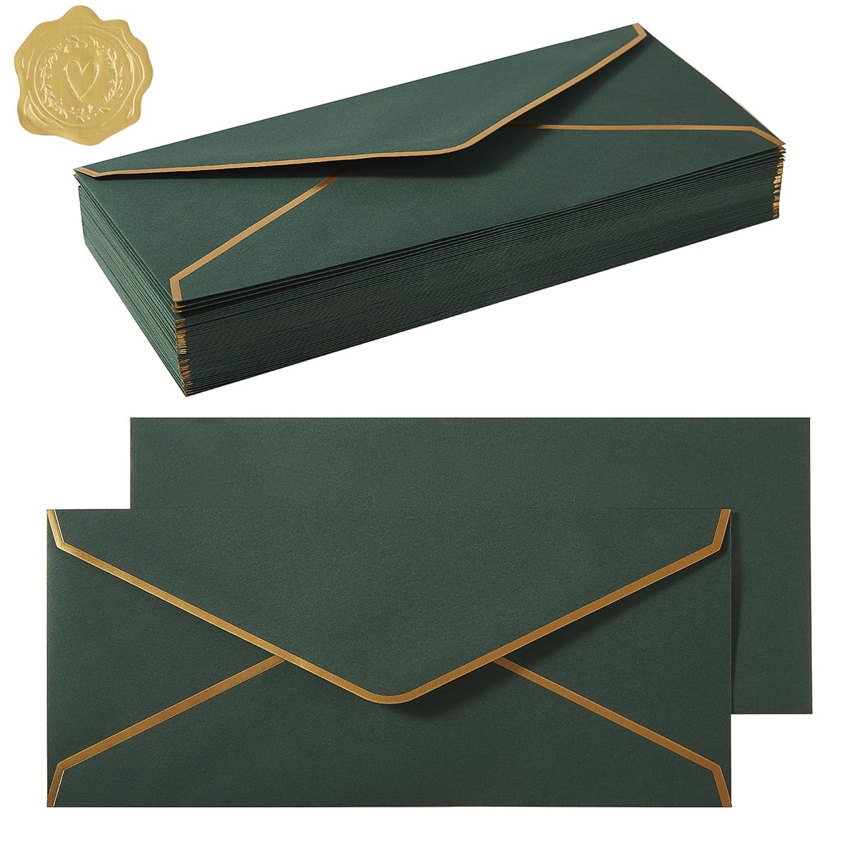50 Pack #10 Business Envelopes with Gold Border, Self Seal Standard Envelopes with Gold Stickers for Office, Checks, Letter Mailing, Invoices, 4 1/8 x 9 1/2 Inches (Dark Green)