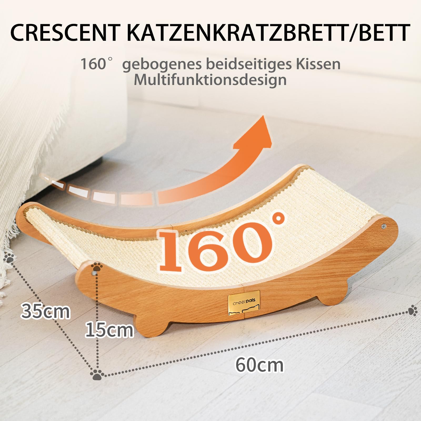 CheerPals Sisal Kratzbrett Katzen - 160° Gebogenes Design, Massives Buchenholz & Natürliche Sisal Pad Katze Kratzmatte, Extra Große 60x35x15cm Kratzmöbel für alle Katzen