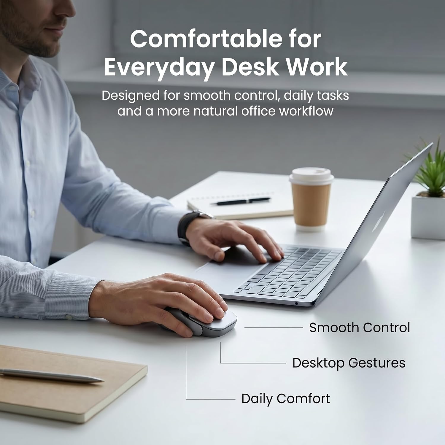 Wireless Productivity Mouse for Meetings & Presentations, Detachable Air Mouse with Recording, Transcription & Meeting Summaries, Bluetooth Computer Mouse for Desk Work & Follow-Up, Silver