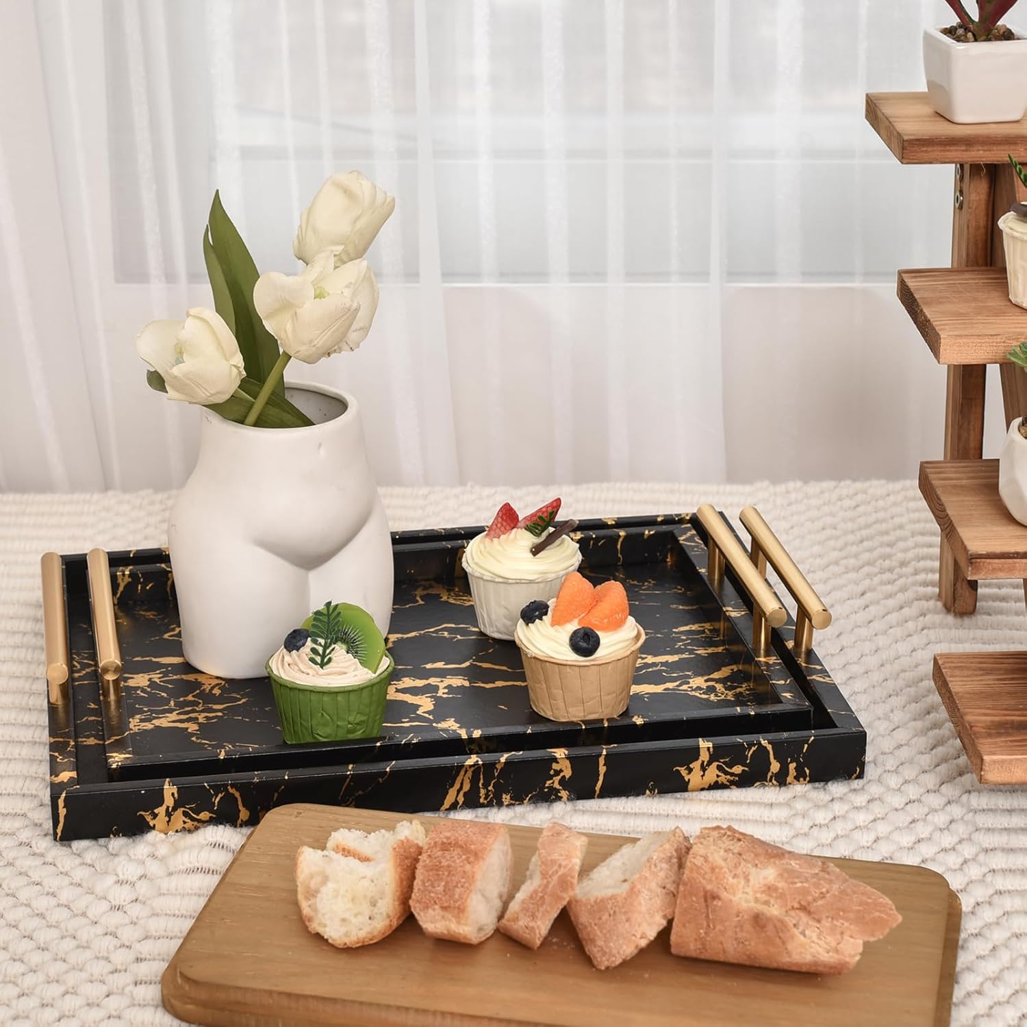 Modern Decorative Tray Set of 2 - Black and Gold Marble Wood Serving Tray with Gold Polished Metal Handles for Ottoman, Coffee Table, and More - Image 5