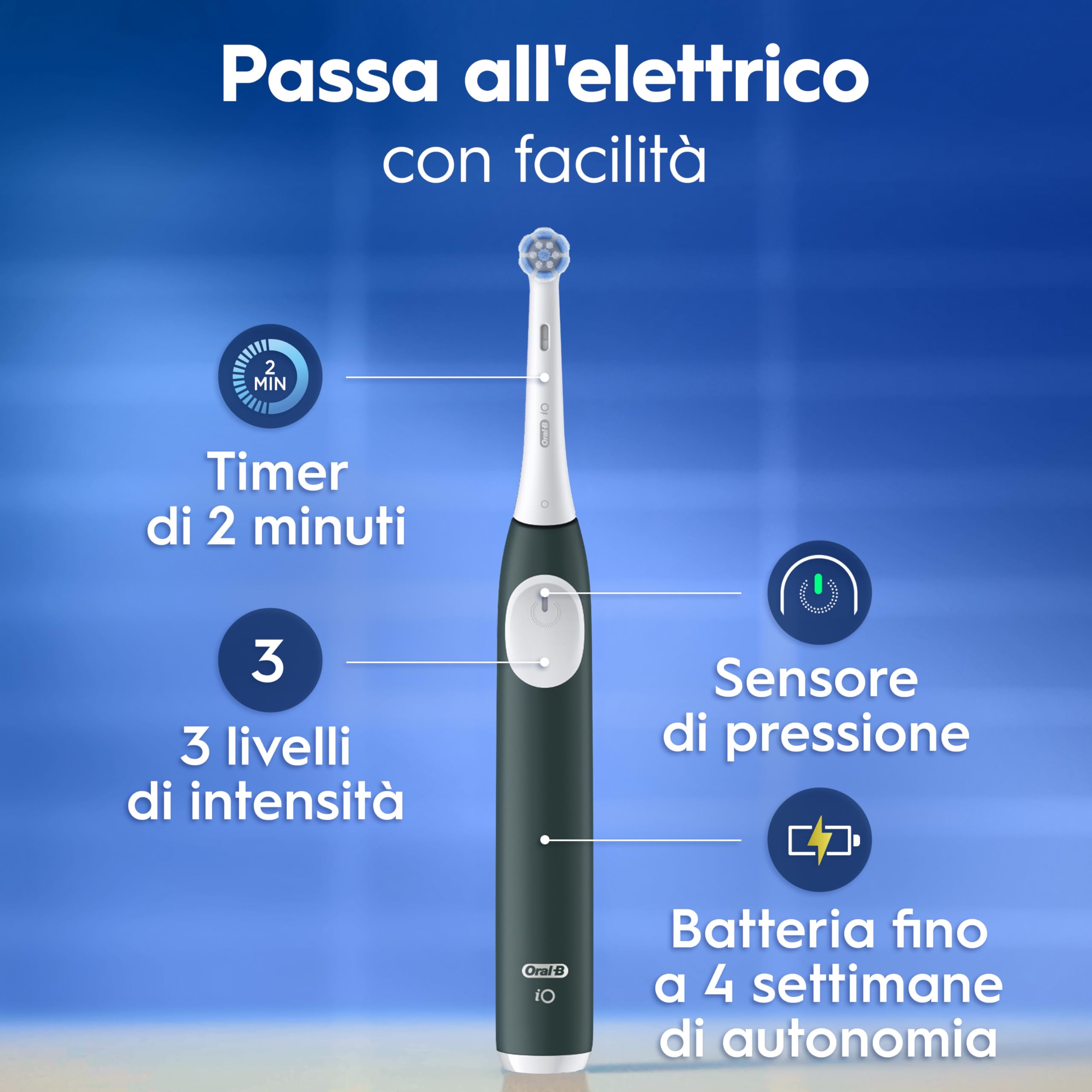 Oral-B Spazzolino Elettrico iO 2 Verde, 1 Testine Di Ricambio, Spazzolino Elettrico Ricaricabile, Pulizia Denti Efficace, Copri Testine, Sensore Di Pressione, Delicato Sulle Gengive, Custodia