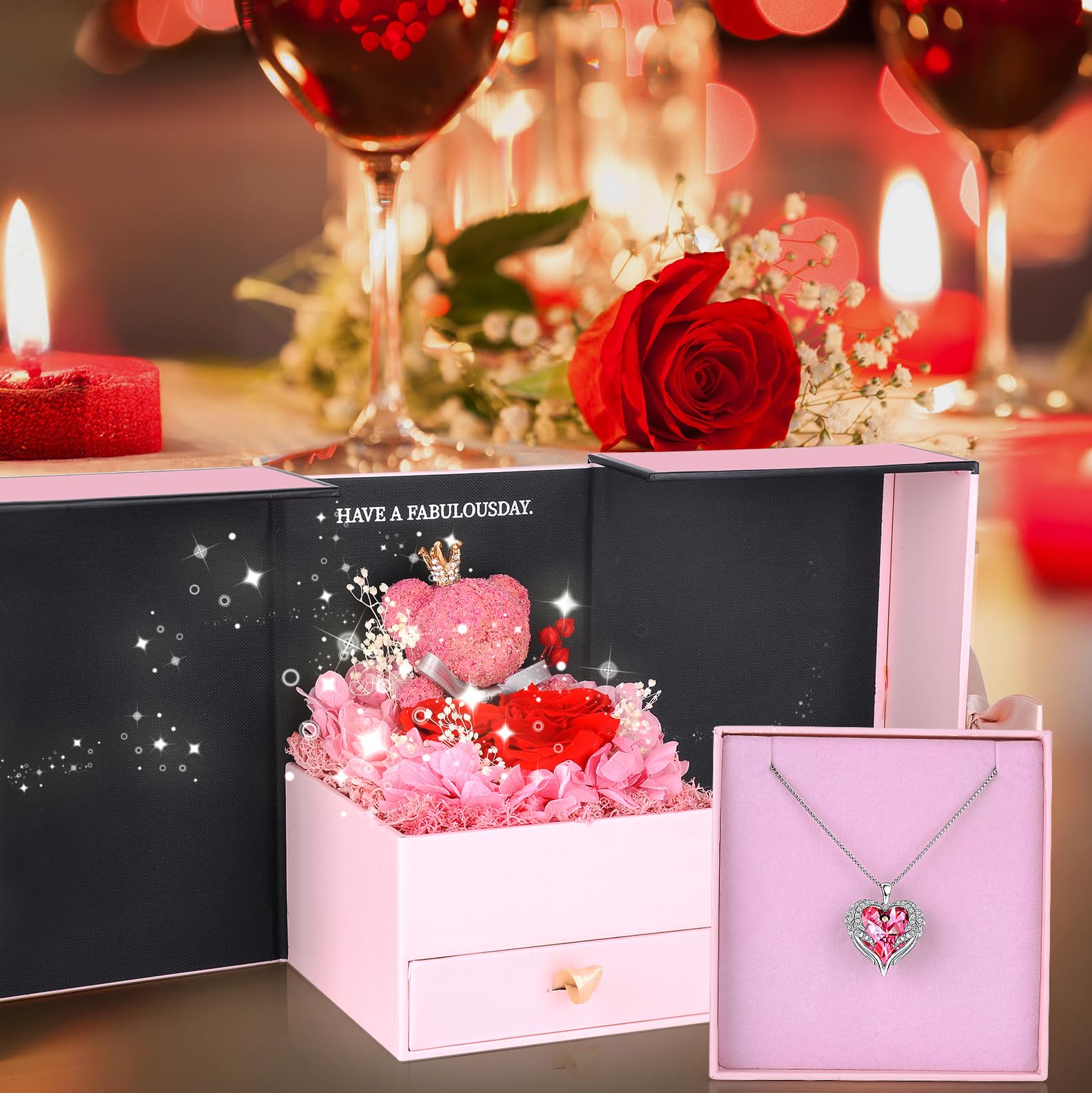 Rosa Eterna con Oso de Musgo,Rosa Eterna Natural Preservada con Collar Regalos Originales para Mujer Mama Novia Caja Regalo San Valentin,Dia de la Madre,Aniversario,Cumpleaños,Navidad
