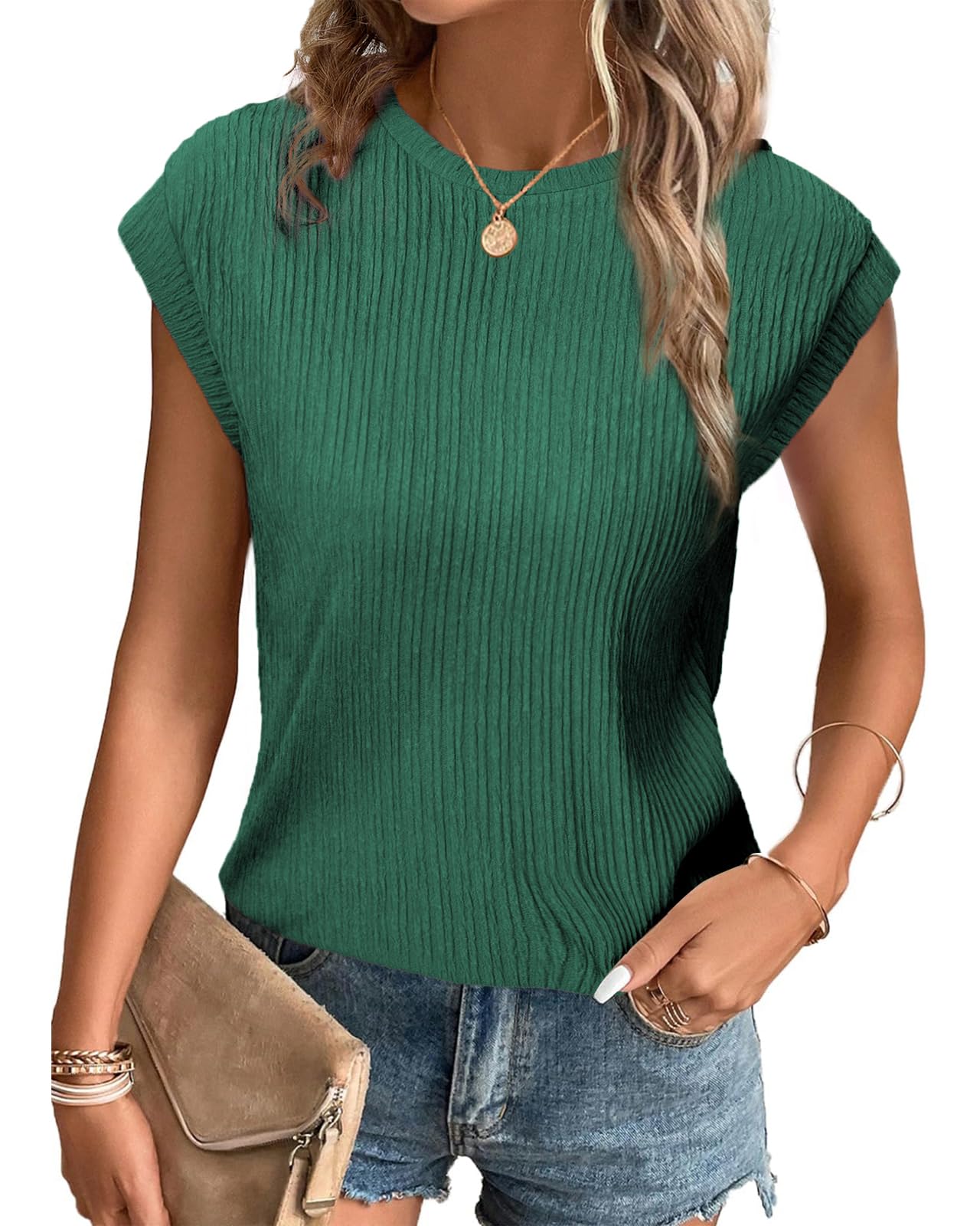 Tanmolo Damen T-Shirt Sommer Basic Oberteil mit Flügelärmeln Rundhals | Hautfreundlicher strukturierter Stoff | Flügelärmel schmeichelt Silhouette | Vielseitig kombinierbar für jeden Anlass