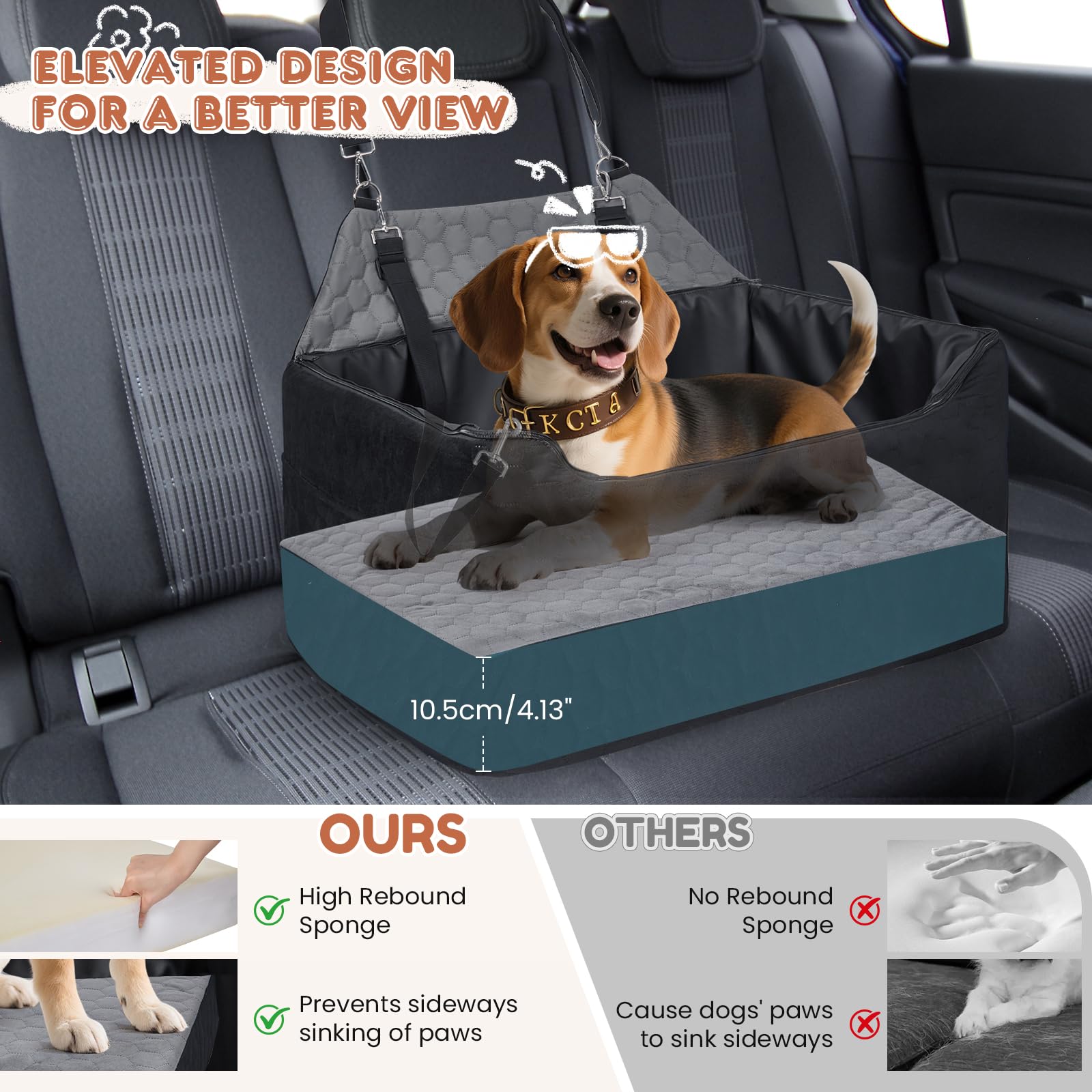 Seggiolino Auto per Cani 78x55x53cm, Rialzo Rimovibile e Lavabile per Cani di Taglia Media e Grande, Guinzaglio Incluso, Seggiolino Cane Auto più Pesanti (con Rivestimento in Pelle Impermeabile)